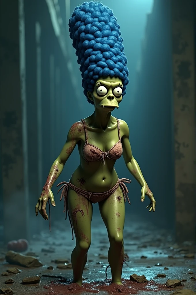 masterpiece, best quality, (undead MARGE sIMPSON:1.3), elegant, 1 undead evil demoness, cute, blushed, looking at viewer, from above, (blood in open mouth:1.3), open panties under the mini skirt, white and black striped T-shirt, wet T-shirt, blue eyes, beautiful eyes, inferno in background, light particles, dramatic lighting, inferno, realistic, best quality, ultra-detailed, scenery, beautiful detailed eyes, detailed hair on the tiny breasts, demons, evil spirits