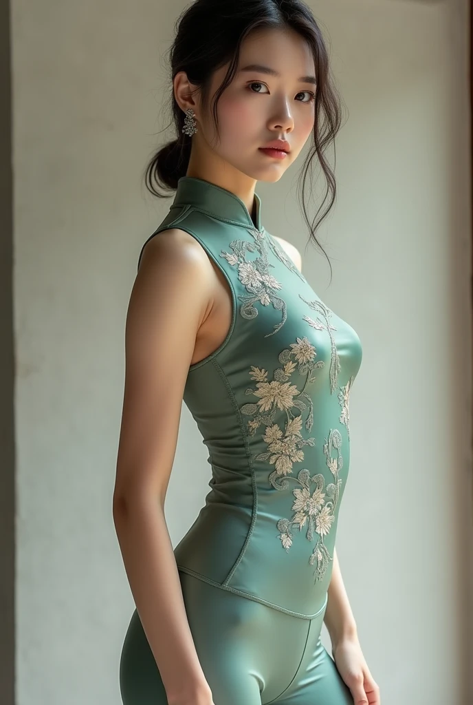 Realistic, masterpiece, Highest quality, Highest Resolution, Anatomically correct, Accurate Anatomy, One Japanese woman, A photo taken from head to waist, Fine and beautiful eyes, iris, Sparkling eyes, Thin eyebrows, Gives lashes a delicate finish, False eyelashes, Chinese traditional makeup, (Braided hair, Blunt bangs, Brown Hair:1.2), Detailed face, Sharp Eyes, Chin up, Grinning and showing some teeth, Cheeks pink, (A gorgeous cheongsam in classic green, No sleeve:1.3), stand up, Blank background in warm colors
