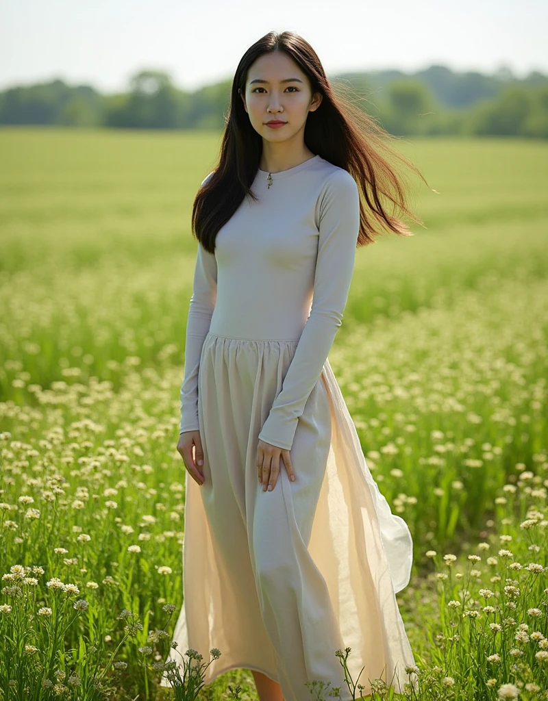 (Realistic, 35mm photorealistic, ultra-high resolution, 8K UHD, exquisite detail, masterpiece, award-winning, cinematic, trending on Artstation, perfect anatomy, delicate, RAW, cinematic lighting, high brightness, high contrast, vivid saturation), (From below her), (Rule of Thirds composition: 1.2), In a meadow with countless small flowers blooming, (natural long black hair),
(A beautiful Asian woman with a modest personality, wearing a linen sweater and maxi skirt, standing with a smile: 1.2), (Her hair shines in the wind, her skirt flutters in the wind: 1.2), (A sunlit silhouette of legs is projected on the skirt: 1.2), (Calm, kind and pure, modest and submissive: 1.3), Detailed skin texture, detailed costume texture, detailed hair texture, detailed plant texture, gazing at the viewer with a loving expression,