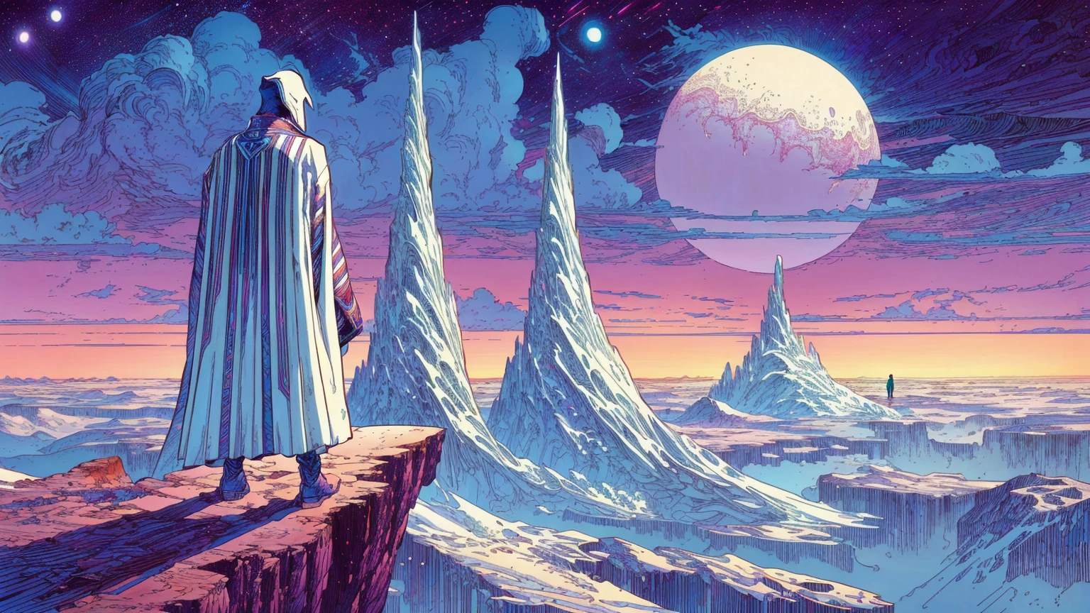 arafed image of a man standing on a cliff overlooking a distant landscape, moebius and kilian eng, inspired by Tim Hildebrandt, inspired by the Brothers Hildebrandt, moebius artwork, inspired by Mœbius, kilian eng. mœbius, inspired by Brothers Hildebrandt, cyril rolando and m. w kaluta