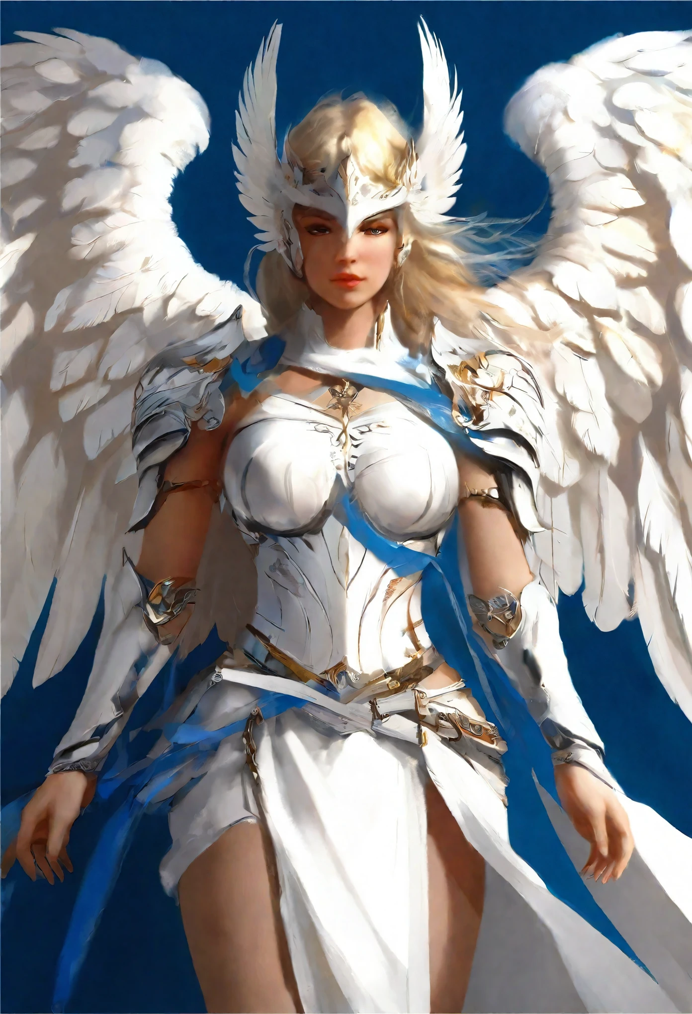 1 female angel，White cape showing at waist_wings armor feathers_Long wing feathers_Hair Shoulders Armor Shoulders_Single piece of armor_Upper wing separation_The body is white_Theme blue_Wings Wings