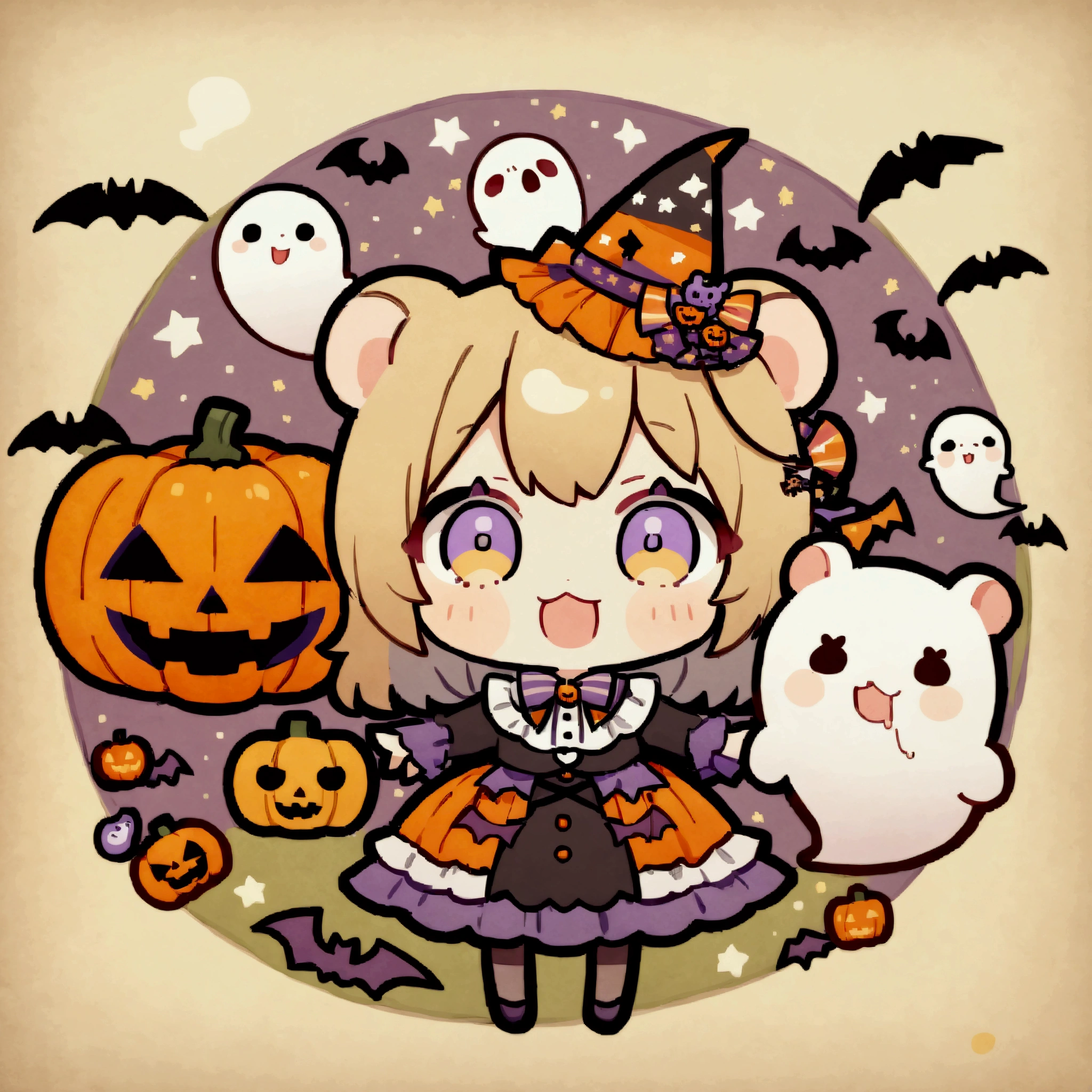 handicraft artwork,patchwork,cloth,button,Felt fabric,Embroidery thread,Handicrafts with a warm and gentle atmosphere,(Halloween,A girl dressed up as a hamster laughs, drool ,Chibi, full body, pumpkin,ghost silhouette,Bats,trick or treat),A dream-like sight,rustic colors,intricate details,artwork,Three-dimensional