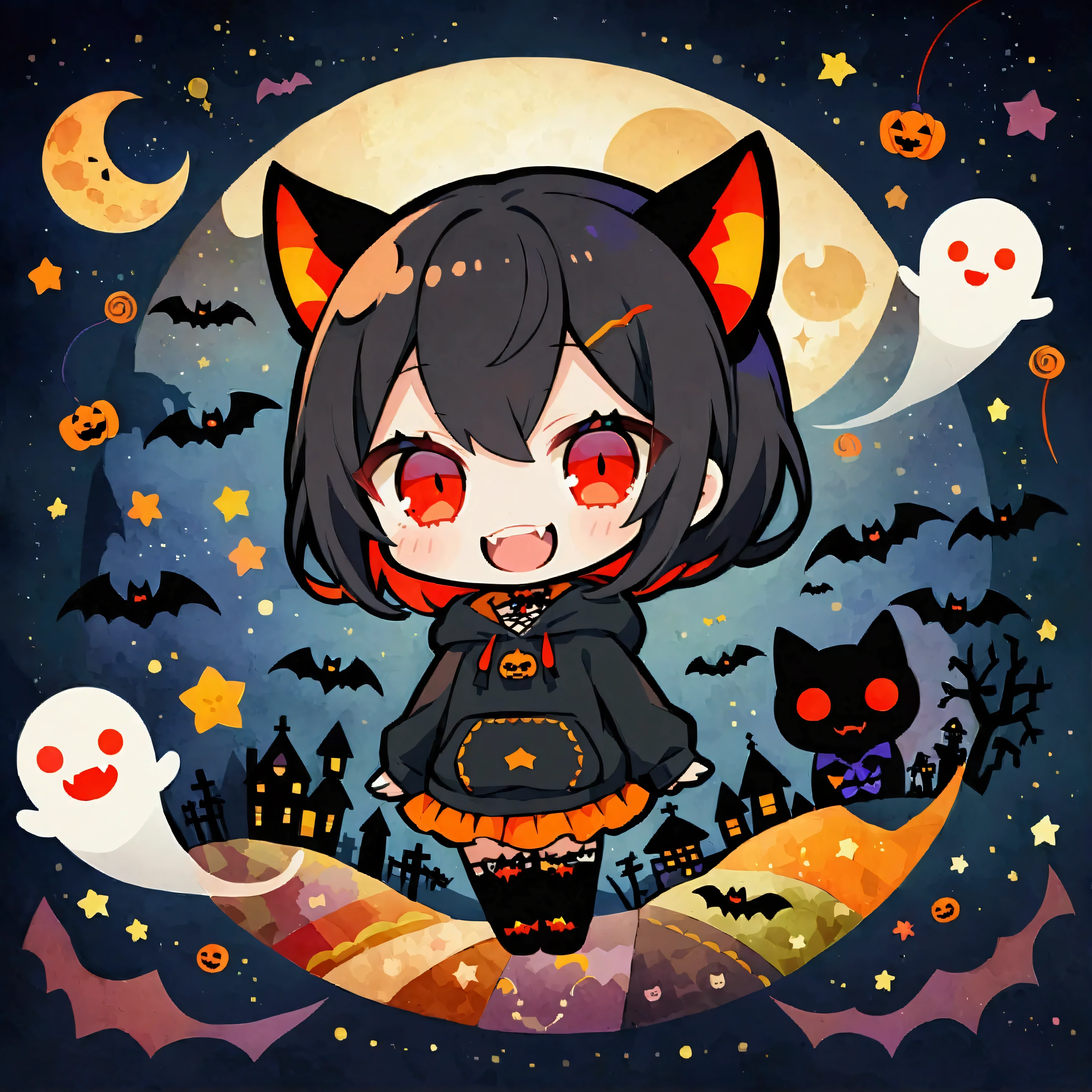 handicraft artwork,patchwork,cloth,button,Felt fabric,Embroidery thread,Handicrafts with a warm and gentle atmosphere,(Halloween,A vampire girl wearing a hooded hoodie with black cat ears laughs,Double teeth:Show your fangs,Red eyes,Chibi, full body,ghost silhouette,Bats,Night Sky,star,moon),A dream-like sight,rustic colors,intricate details,artwork,Three-dimensional