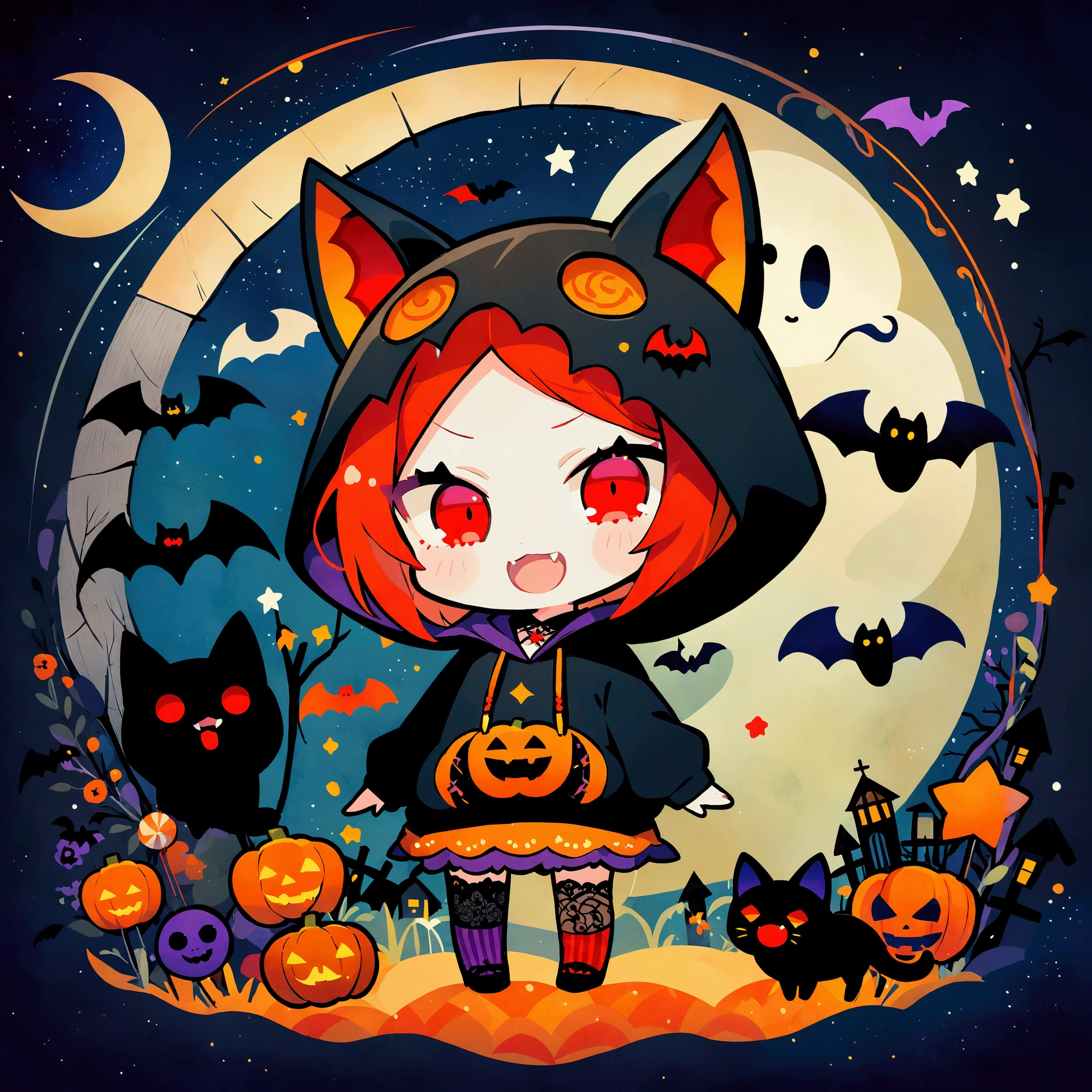 handicraft artwork,patchwork,cloth,button,Felt fabric,Embroidery thread,Handicrafts with a warm and gentle atmosphere,(Halloween,A vampire girl wearing a hooded hoodie with black cat ears laughs,Double teeth:Show your fangs,Red eyes,Chibi, full body,ghost silhouette,Bats,Night Sky,star,moon),A dream-like sight,rustic colors,intricate details,artwork,Three-dimensional