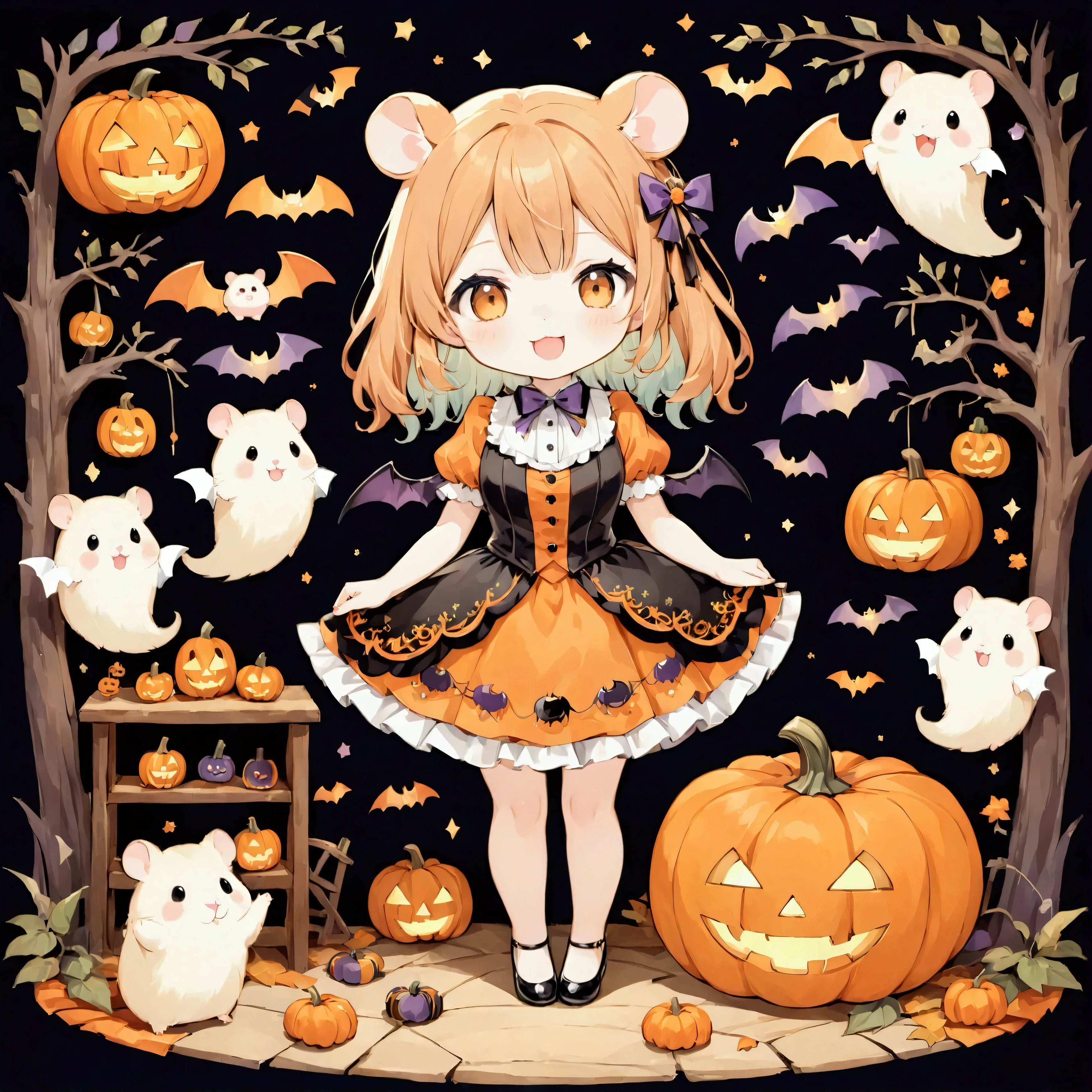 handicraft artwork,patchwork,cloth,button,Felt fabric,Embroidery thread,Handicrafts with a warm and gentle atmosphere,(Halloween,A girl dressed up as a hamster laughs,solo,Chibi, full body, pumpkin,ghost silhouette,Bats),A dream-like sight,rustic colors,intricate details,artwork,Three-dimensional