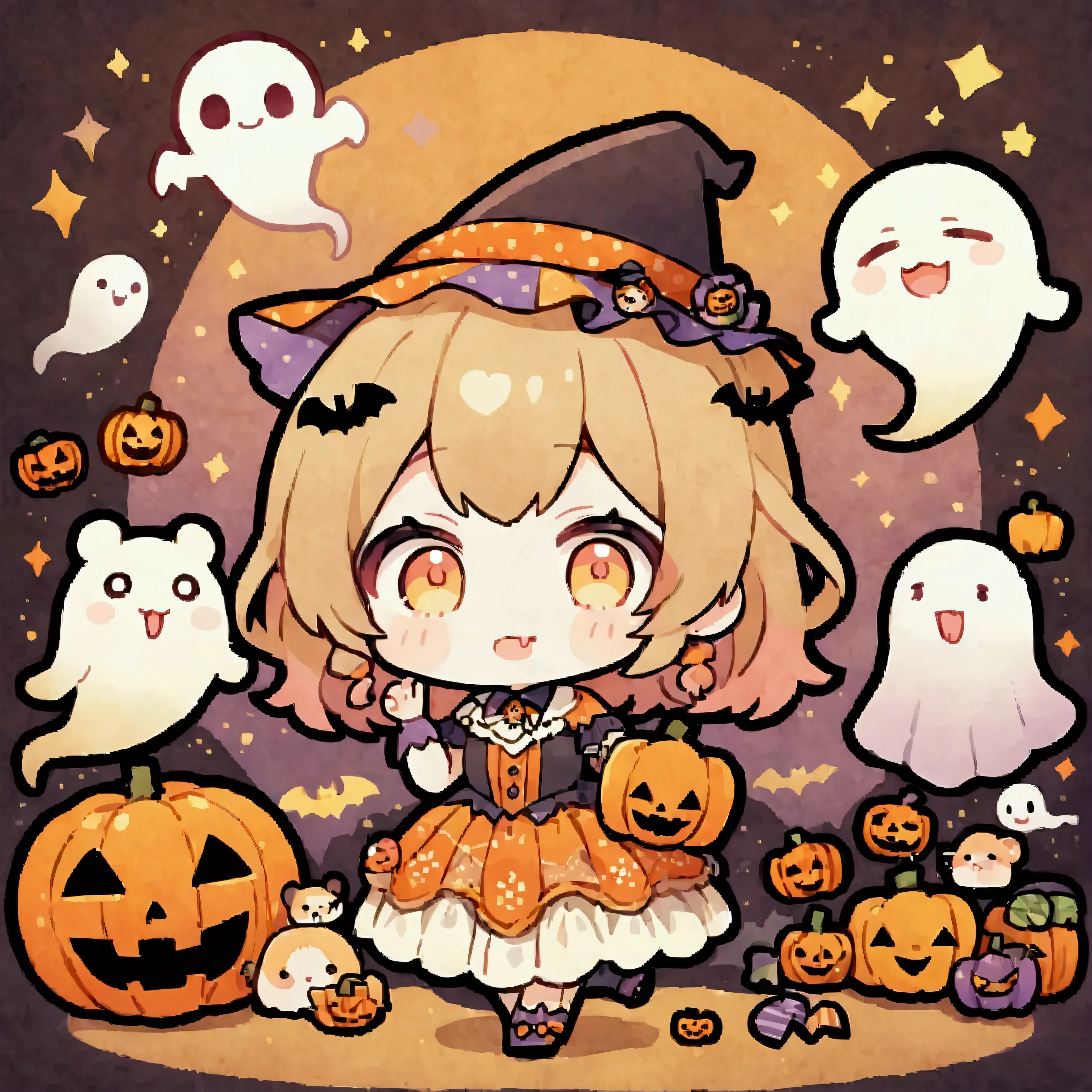 handicraft artwork,patchwork,cloth,button,Felt fabric,Embroidery thread,Handicrafts with a warm and gentle atmosphere,(Halloween,A girl dressed up as a hamster laughs, drool ,Chibi, full body, pumpkin,ghost silhouette,Bats),A dream-like sight,rustic colors,intricate details,artwork,Three-dimensional