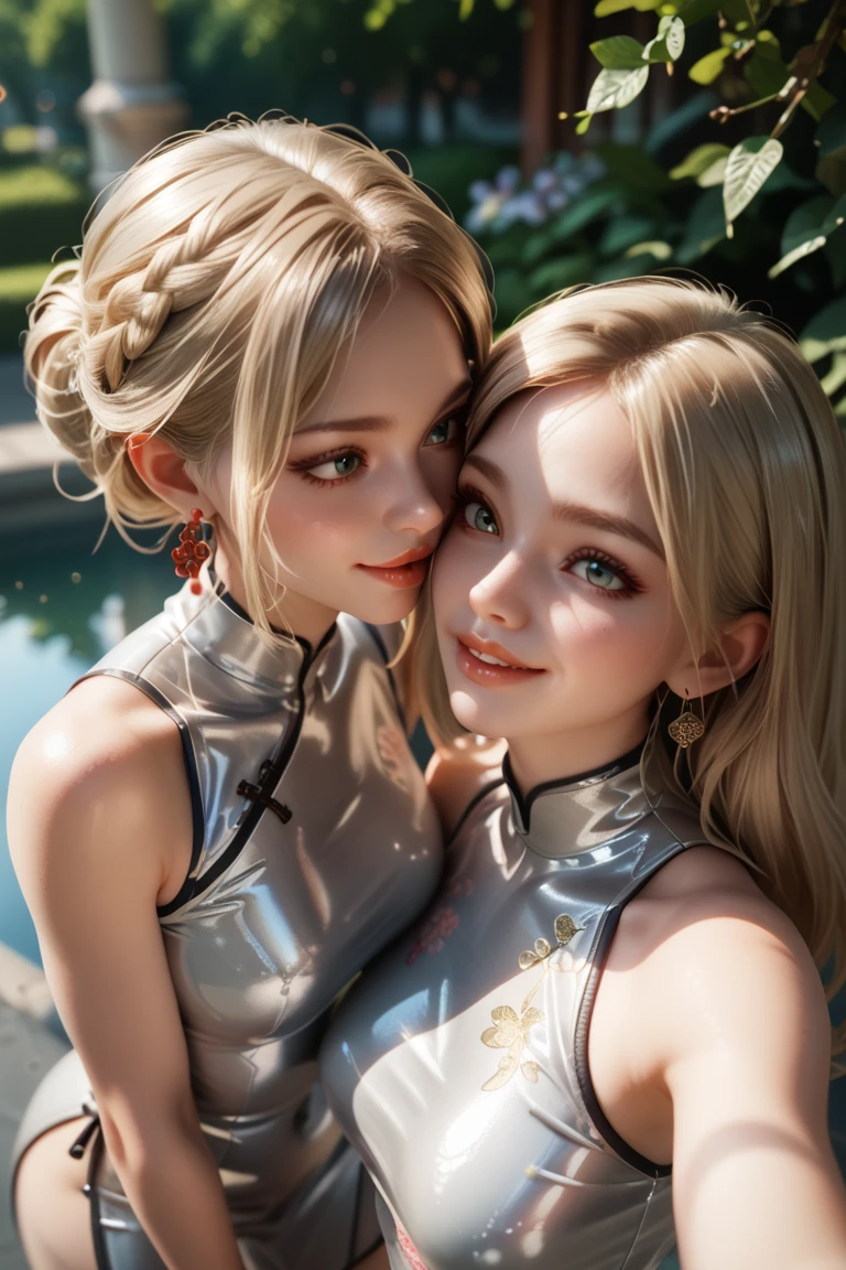 2 girls in extremely tight shiny silver latex Chinese dress, Blonde hair, smile, Lens reflection, Reflected light, are in the park,  Purged lips, Make-up, kiss,haarblume, from above, Straight hair,  cheeky face , 