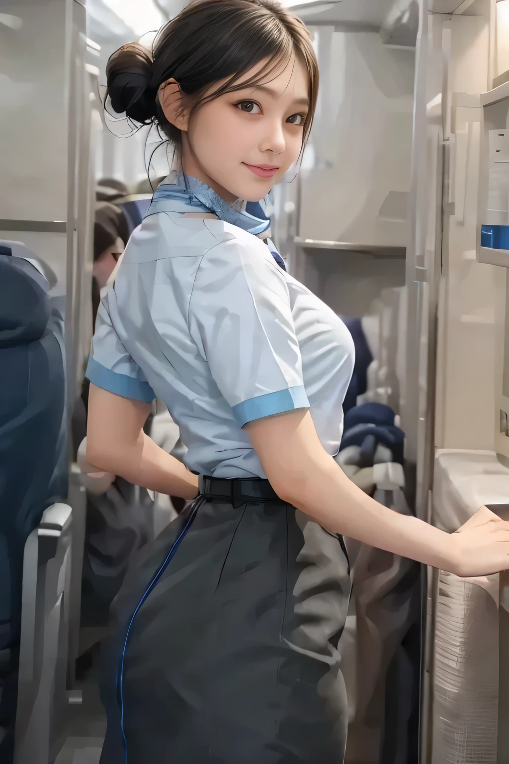 (masterpiece:1.2, Best Quality:1.2), 32kHDR,  high definition, (Alone、 1 girl)、（Rooftop of a building during the day、 Professional Lighting）、With the roof of the building in the background 、（ANA flight attendant uniform blueを着たリアルスタイル）、（（ANA flight attendant uniform blue blue short sleeve blouse  、  ANA flight attendant uniform blue uniform blue skirt with blue lines on the back、 scarf around the neck ））、 Dark brown hair 、（Long Hair、Hair tied up、Hair tied up）、 Dark brown hair 、Long Hit、Big Breasts、Thin legs、（（Great hands：2.0）），（（ Harmonious Body Proportions ：1.5）），（（Normal limbs：2.0）），（（Usually refers to：2.0）），（（ Delicate Eyes ：2.0）），（（Normal eyes：2.0））)、smile、（ANA flight attendant uniform blueを見せた美しい後ろ姿）、Hands clasped underneath