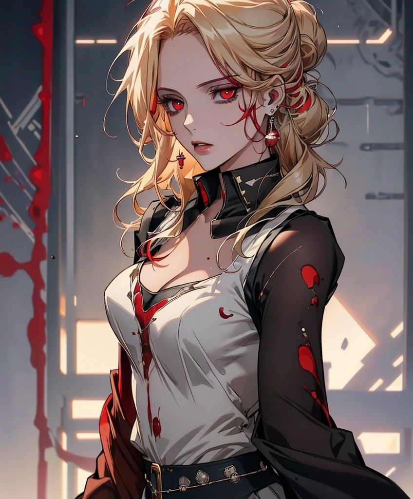 (blood droplets)), ((blood)), ((blood splatter)), ((blood on clothes)) ((blood stain)), (masterpiece, best quality, ultra-detailed, high resolution, best illustration, front view). Create a visually stunning and elegant portrayal of a 35-year-old noble woman in her and red eyes (red eyes: 1.8). Picture her with a poised demeanor, wearing a tailored, sleeveless charcoal-gray business suit that exudes sophistication. cleavage, broad shoulders. Her sleek, light-blonde hair is styled in a tasteful updo, complementing the subtle pearl earrings adorning her ears. The ambient office lighting softly highlights her graceful features as she confidently sits at her desk, surrounded by an atmosphere of success and professionalism. Capture the essence of modern femininity and corporate elegance in this AI-generated artwork. (extremely detailed illustrated 8k wallpaper).