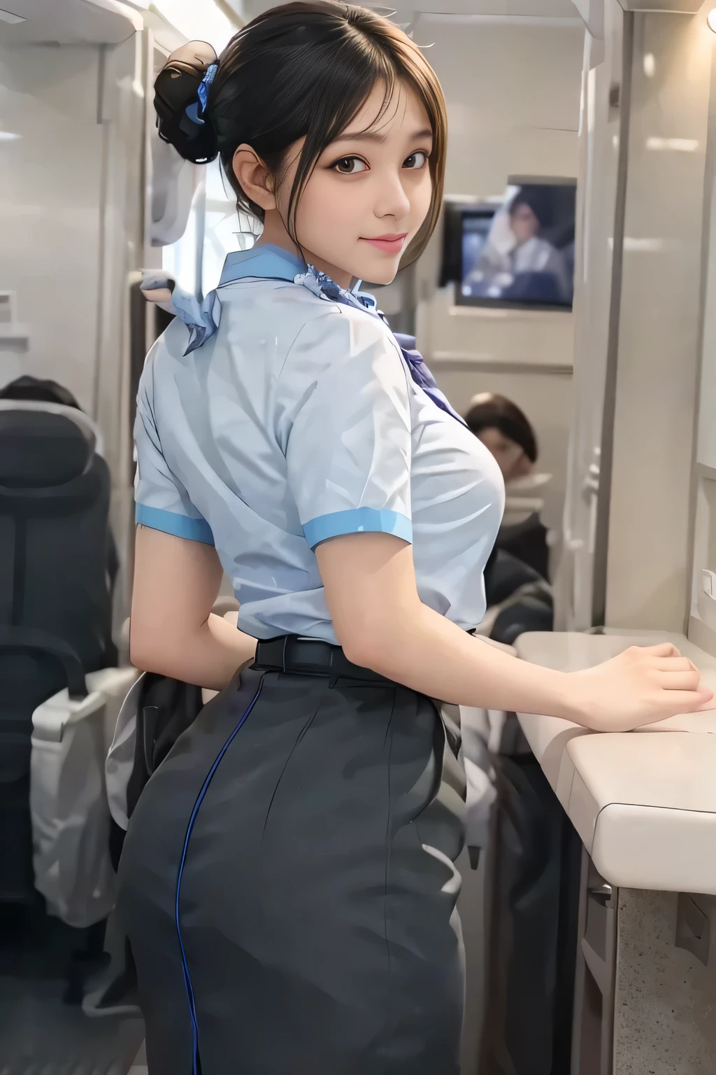 (masterpiece:1.2, Best Quality:1.2), 32kHDR,  high definition, (Alone、 1 girl)、（Rooftop of a building during the day、 Professional Lighting）、With the roof of the building in the background 、（ANA flight attendant uniform blueを着たリアルスタイル）、（（ANA flight attendant uniform blue blue short sleeve blouse  、  ANA flight attendant uniform blue uniform blue skirt with blue lines on the back、 scarf around the neck ））、 Dark brown hair 、（Long Hair、Hair tied up、Hair tied up）、 Dark brown hair 、Long Hit、Big Breasts、Thin legs、（（Great hands：2.0）），（（ Harmonious Body Proportions ：1.5）），（（Normal limbs：2.0）），（（Usually refers to：2.0）），（（ Delicate Eyes ：2.0）），（（Normal eyes：2.0））)、smile、（ANA flight attendant uniform blueを見せた美しい後ろ姿）、Hands clasped underneath