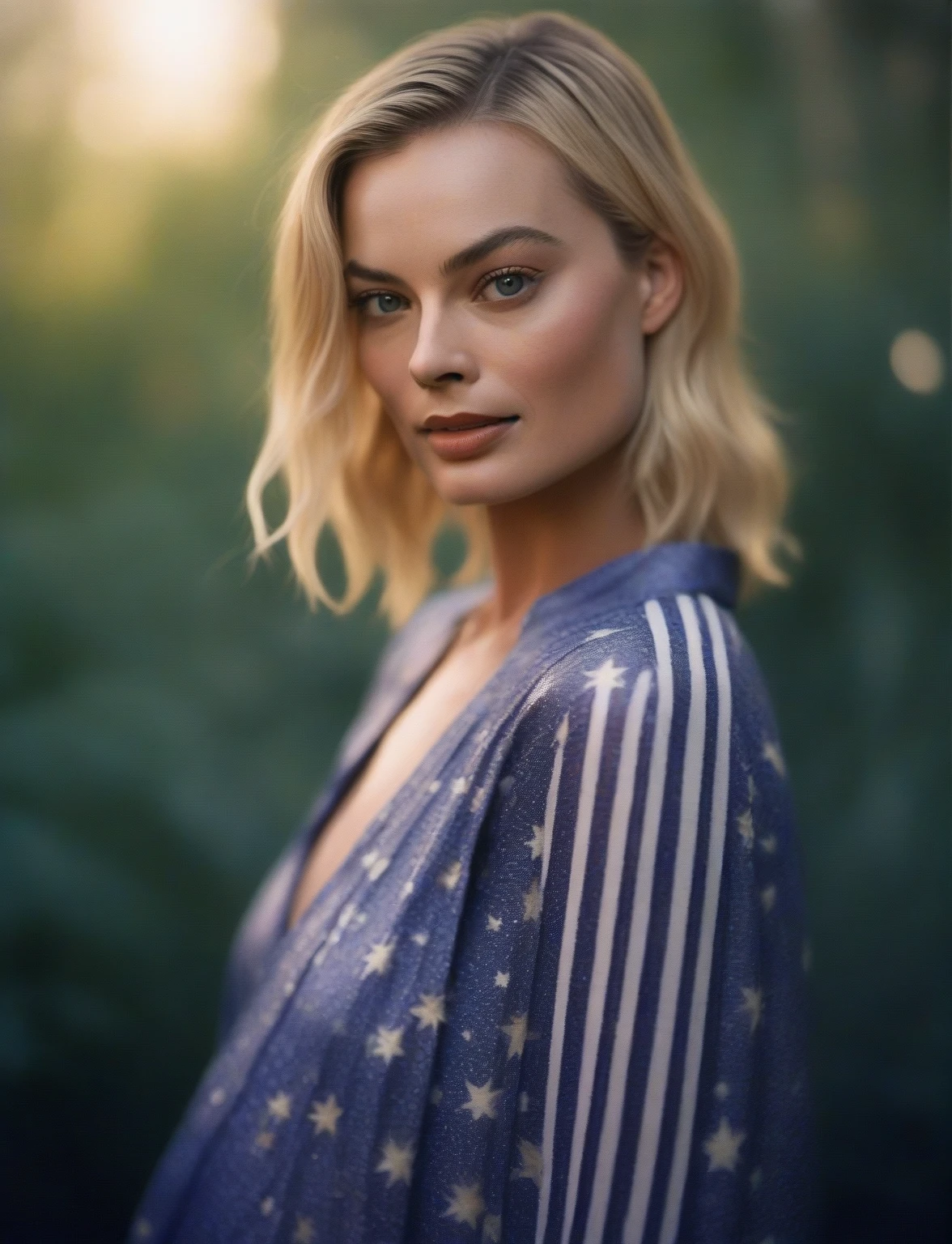 Margot Robbie, ( Art by Henri Le Sidaner :1.3) , Bill Brauer Art ,  photograph,  highly detailed ,  Sharp Murano in miniature from the Qin Dynasty  (fe******:1.3) , soul reaper,  He wears wide pants and a blouse with bare shoulders in striped prints.,  Dark Pixie Hairstyle , stars in the sky, soft focus, illustration,  Deep Indigo Lighting ,  film grain , Fuji Superia 400,  Depth of Field 100mm , two colors, "She will be loved ,  and she will be loved .",  