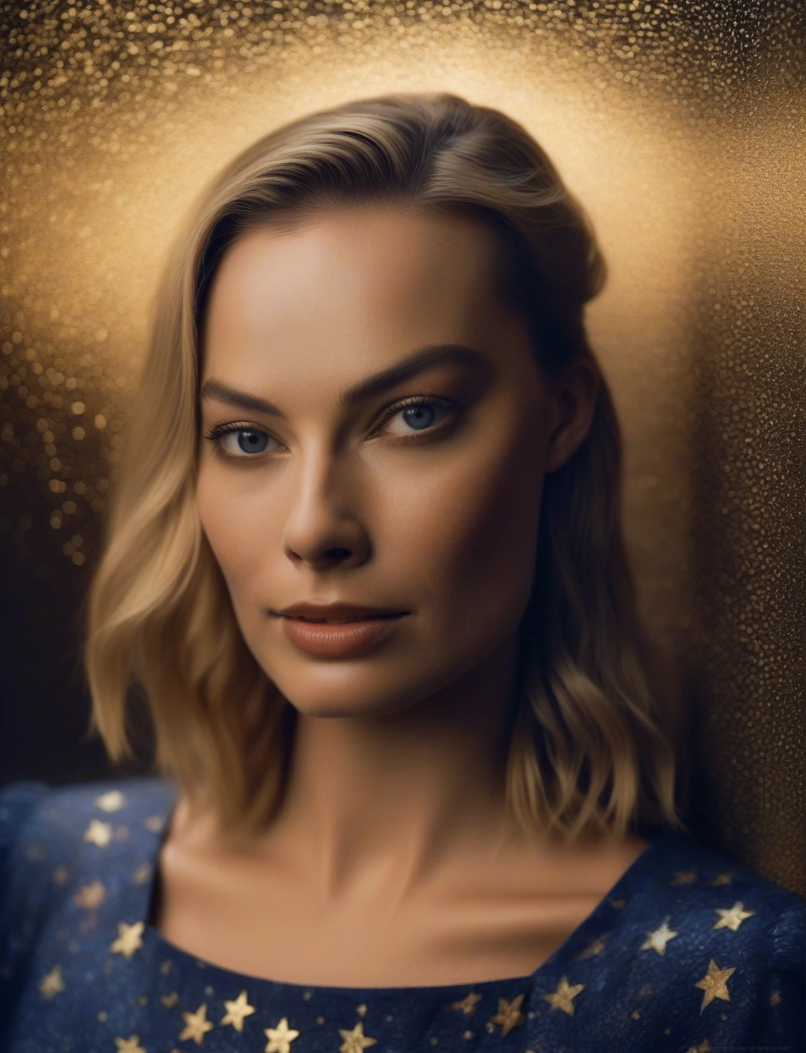 Margot Robbie, ( Art by Henri Le Sidaner :1.3) , Bill Brauer Art ,  photograph,  highly detailed ,  Sharp Murano in miniature from the Qin Dynasty  (femenino:1.3) , soul reaper,  He wears wide pants and a blouse with bare shoulders in striped prints.,  Dark Pixie Hairstyle , stars in the sky, soft focus, illustration,  Deep Indigo Lighting ,  film grain , Fuji Superia 400,  Depth of Field 100mm , two colors, "She will be loved ,  and she will be loved .",  