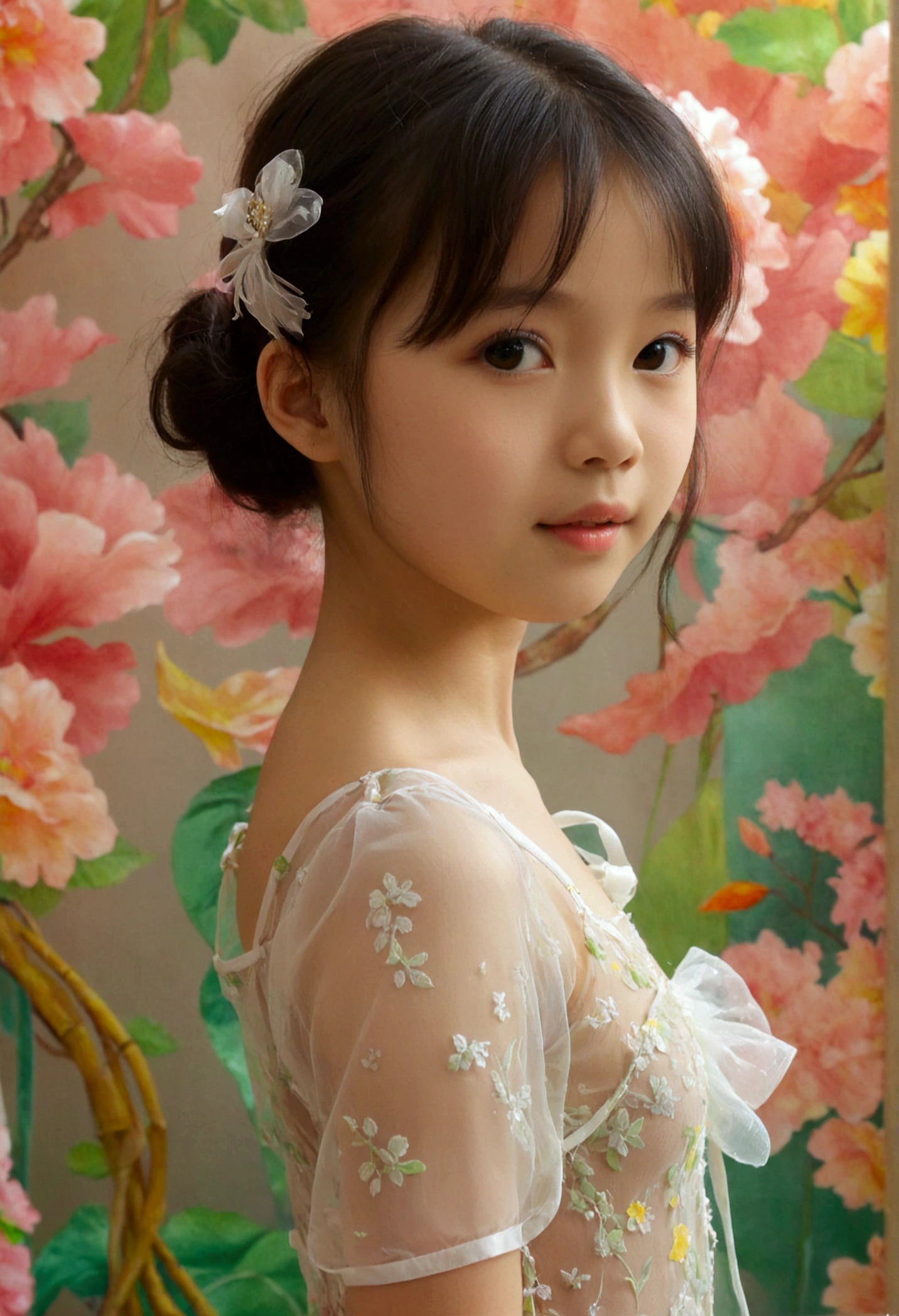 Masterpiece, UHD, 8K, most beautiful asian girl in the world, cute girl, age 9, small-budding breast, pale skin, juvpretty-girl physique, elementary_school-girl physique, charming girl, One-piece style sheer fabric dress, sheer fabric, translucent clothes, standing, from the front, act very pretty