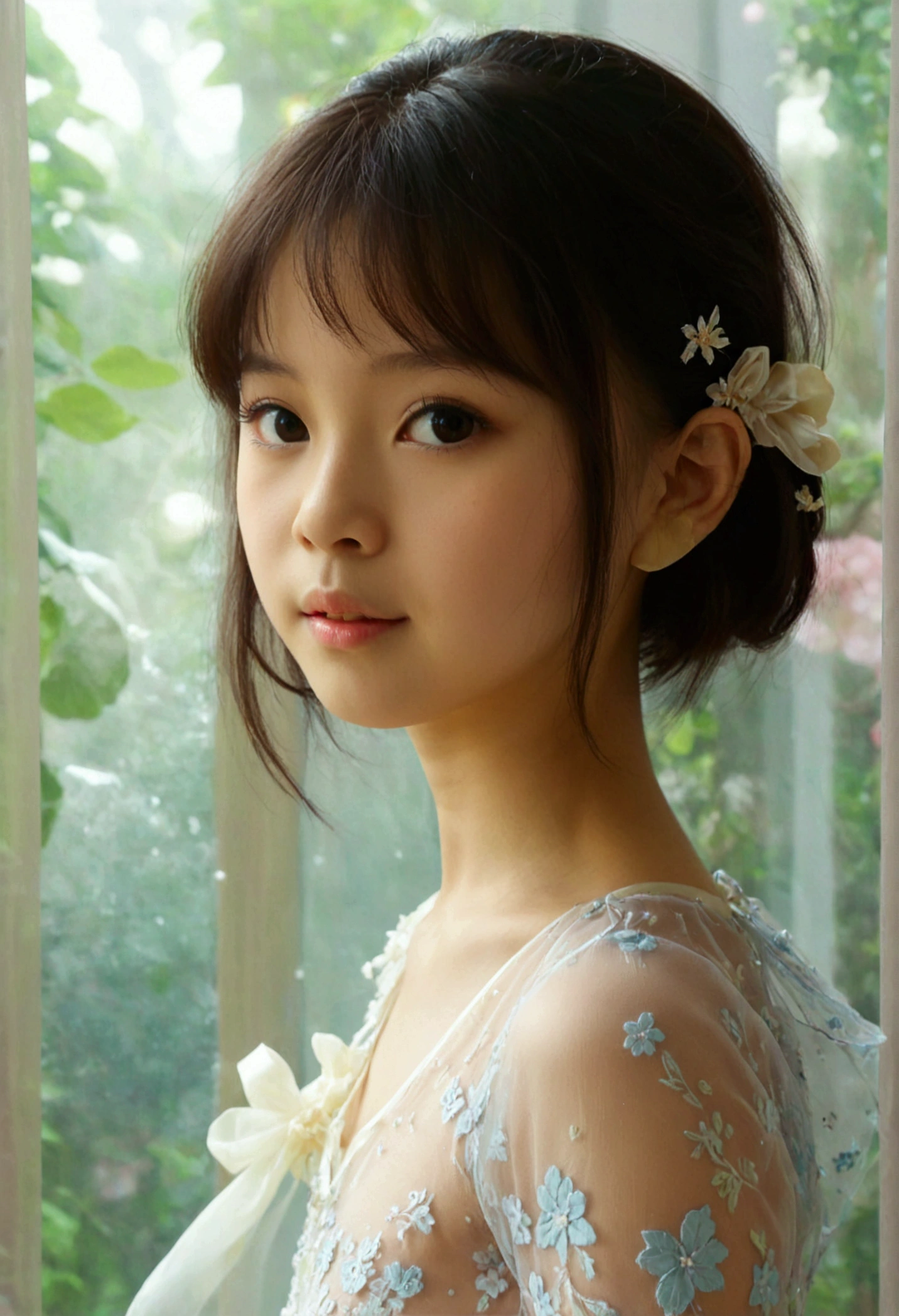 Masterpiece, UHD, 8K, most beautiful asian girl in the world, cute girl, age 9, small-budding breast, pale skin, juvpretty-girl physique, elementary_school-girl physique, charming girl, One-piece style sheer fabric dress, sheer fabric, translucent clothes, standing, from the front, act very pretty