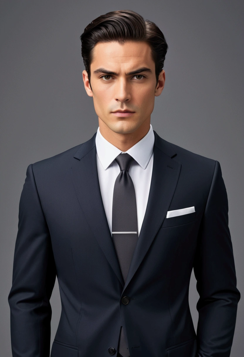 "A focused, professional character wearing a sleek, tailored suit in a dark color. Accessories are minimal but elegant, like a silver tie clip or watch. The character exudes intelligence and sophistication, with a serious expression and a hint of ambition."