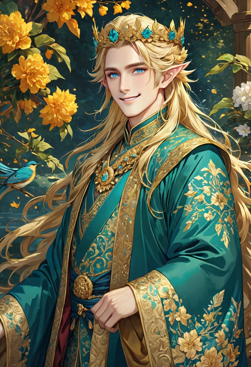 masterpiece, best quality, 8k ,4k , 1male, elf King, Golden Blond, Blue greenish eyes, gold wreath crown, hair ornament, long hair, finely detailed eyes and detailed face, looking at viewer, black sleeveless, half robe, patterned clothes, gold embroidery clothes, meticulous clothes, mature clothe, majestic looks, smiling gently, small bird, full body, inspired by Asukaziye artist : ask, art style : ask