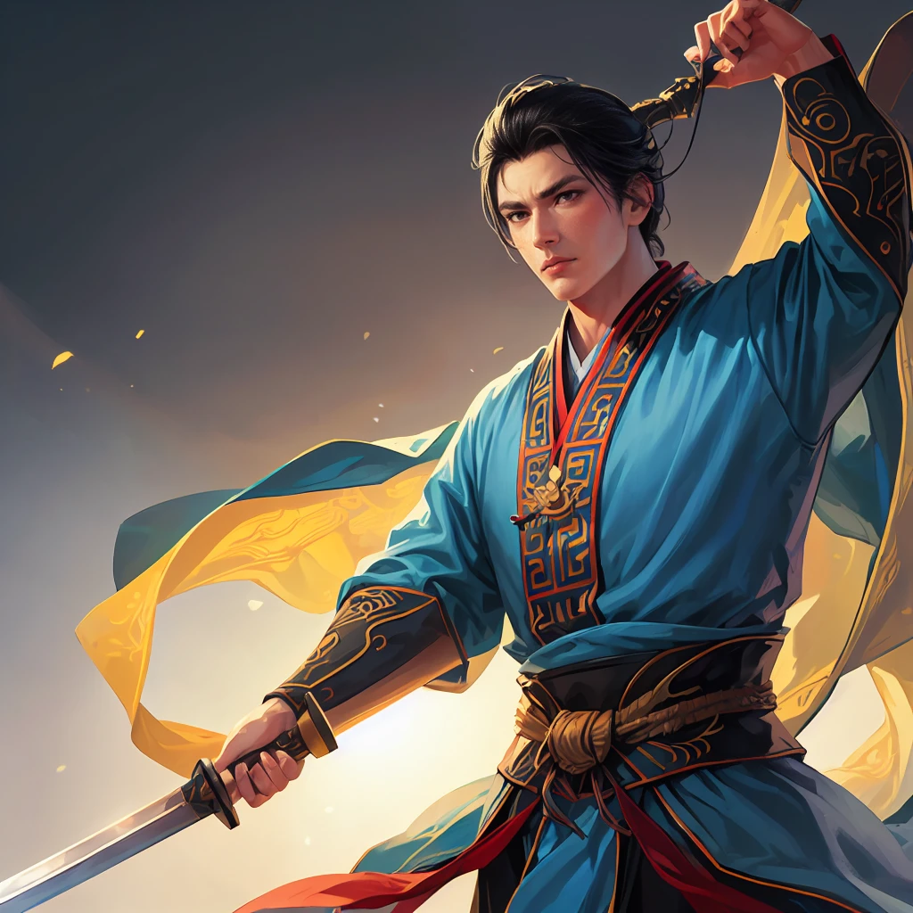 (Best Quality,4K,8k, high definition,masterpiece:1.2),super detailed,(Realistic,photoRealistic,photo-Realistic:1.3),(((1 person))),20-year-old male,Black Hair, ancient Chinese wise general ,A soldier in Cao Cao's army :1.2,kind gaze , DYNAMIC LIGHTING ,( blue ancient Chinese Hanfu,Lightly Armed,dynamic pause, I'm hanging my blue sword around my waist),(( cowboy shot:1.2)),(( white background:1.3,simple background))