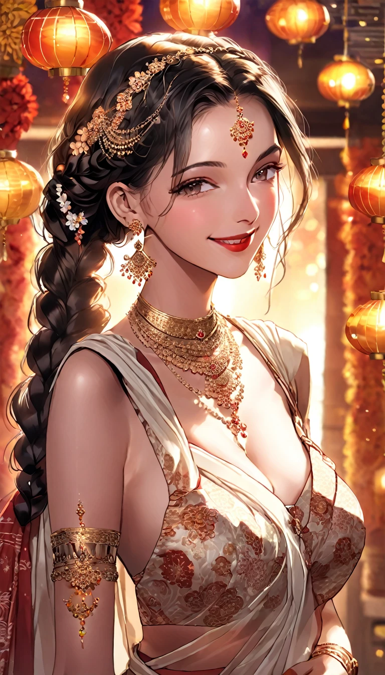 a young woman leaning down, single hair braid, detailed alluring eyes, smooth detailed lips, beautiful face, smiling, red lipstick, navel, bangles, saggy breasts, small cleavage, beautiful floral white saree with intricate patterns, big long jhumka earrings, ,cinematic lighting, celebrating Diwali festival, background house entrance,diwali,manga tikka , jewellery, diamond necklace,gold necklace,silver chain, bangles,silver bangles,rings, wedding ring,nail polish,makeup eyeshadow ,white skin