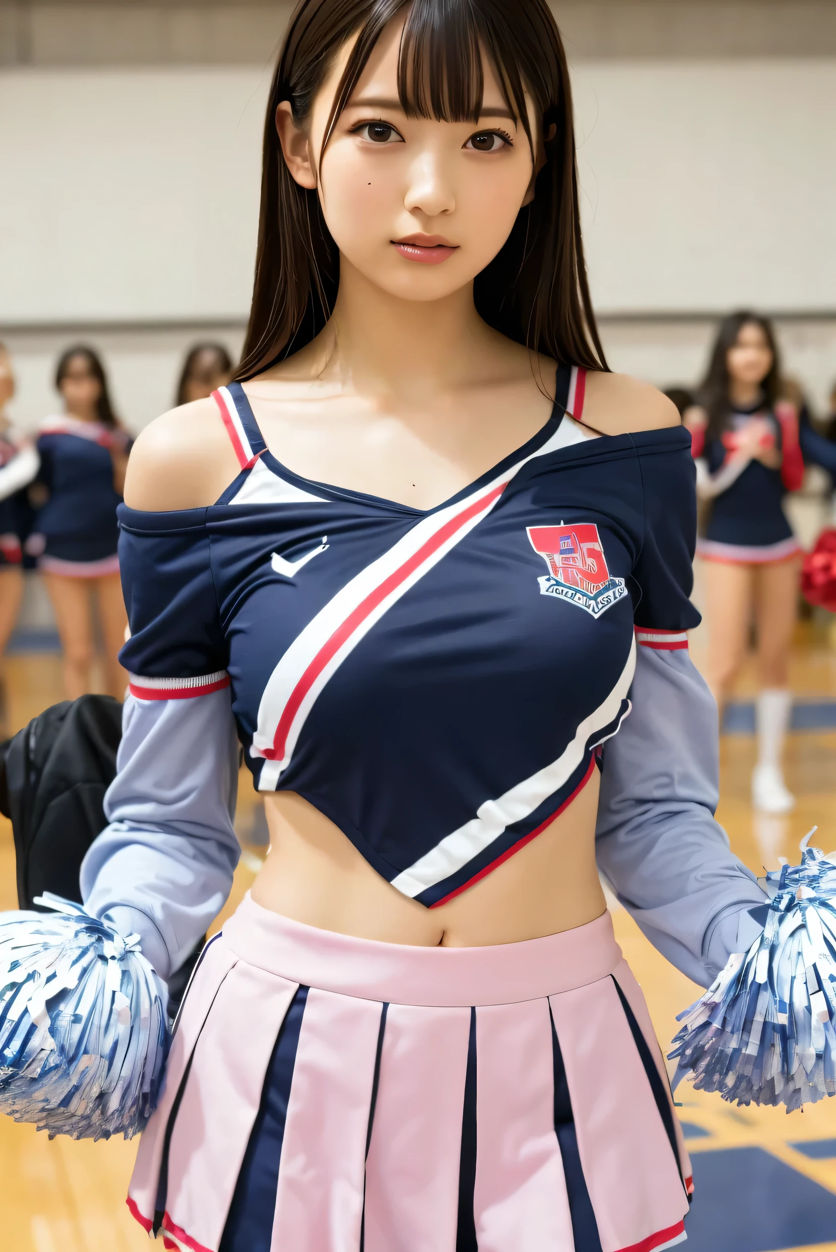 High School Girl。cheerleaders。During cheerleading practice。High School Gymnasium。