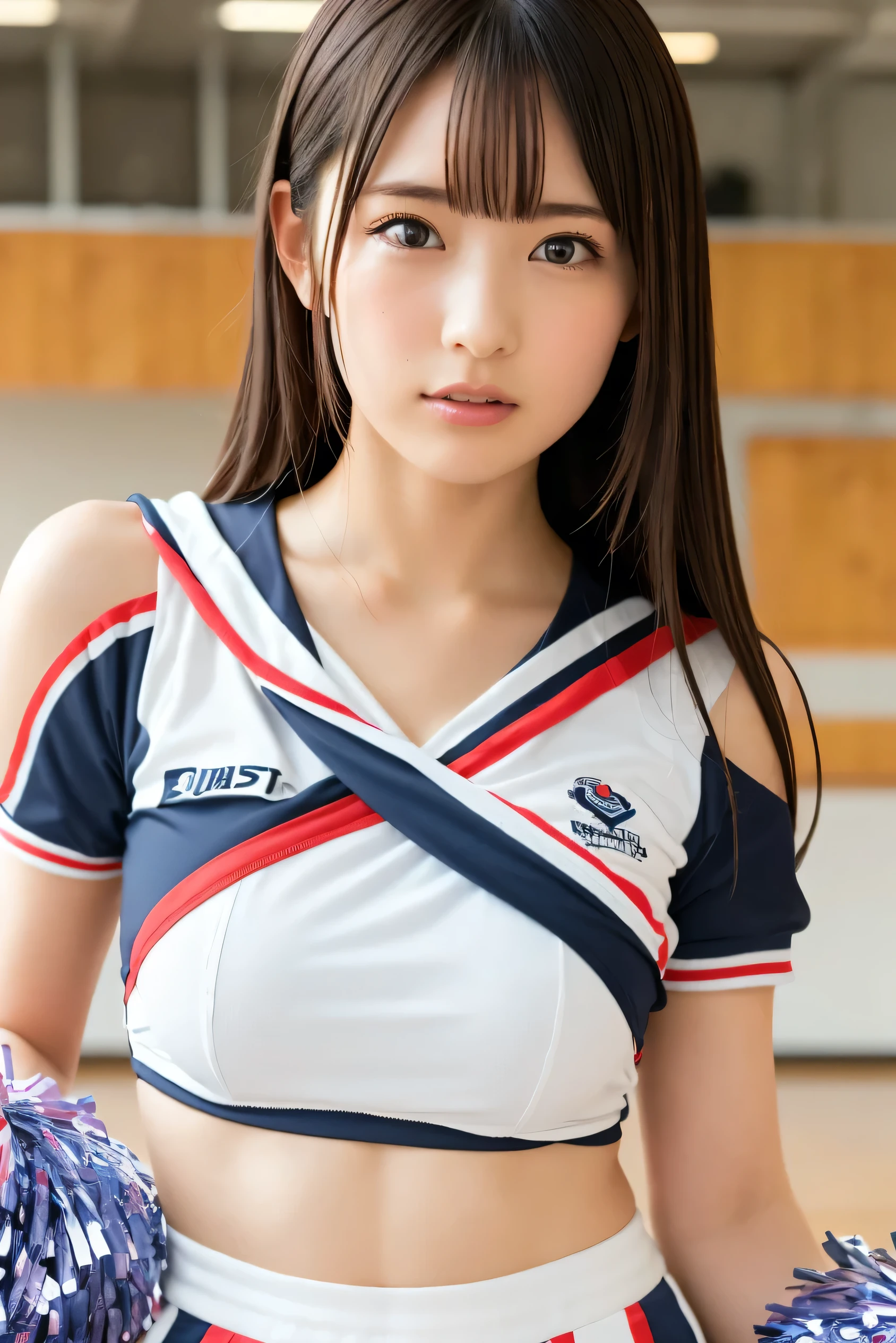 ((Best Quality, 8k, masterpiece: 1.3)), sharp: 1.2, perfect body beauty : 1.4, slim abs : 1.2, (whole body: 1.2), (Tight off-the-shoulder see-through), ( under bust: 1.1), ,((cheerleader uniform:1.3)),cute Japanese,cheerleader,(( upper body:1.3)),print {black|Pink|blue|Purple|Gray} panties, (Looking down at the camera)、