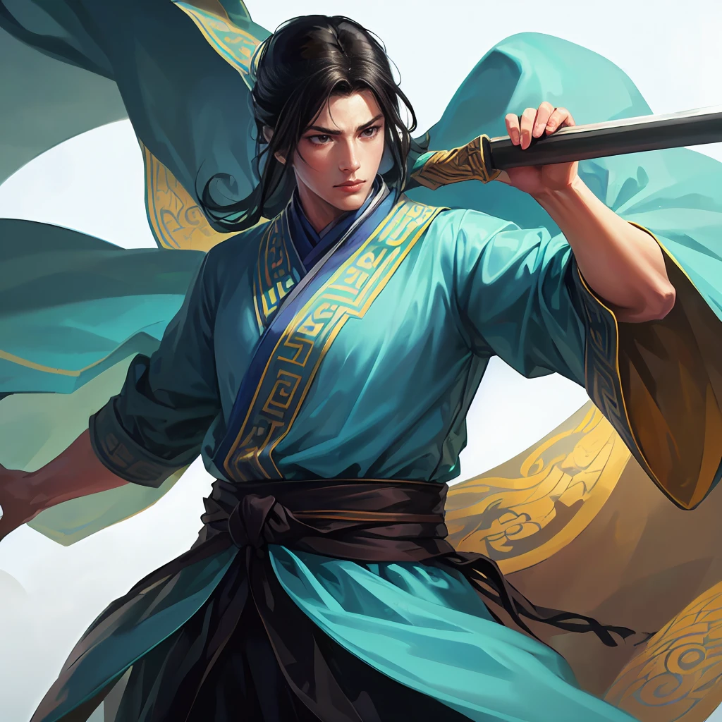 (Best Quality,4K,8k, high definition,masterpiece:1.2),super detailed,(Realistic,photoRealistic,photo-Realistic:1.3),(((1 person))),20-year-old male,The Man with the Black Hair , ancient Chinese wise general ,A soldier in Cao Cao's army :1.2,kind gaze , Dynamic Lighting,( blue ancient Chinese Hanfu ,Lightly Armed,dynamic pause, I'm hanging my blue sword around my waist),(( cowboy shot:1.2)),(( white background:1.3,simple background))