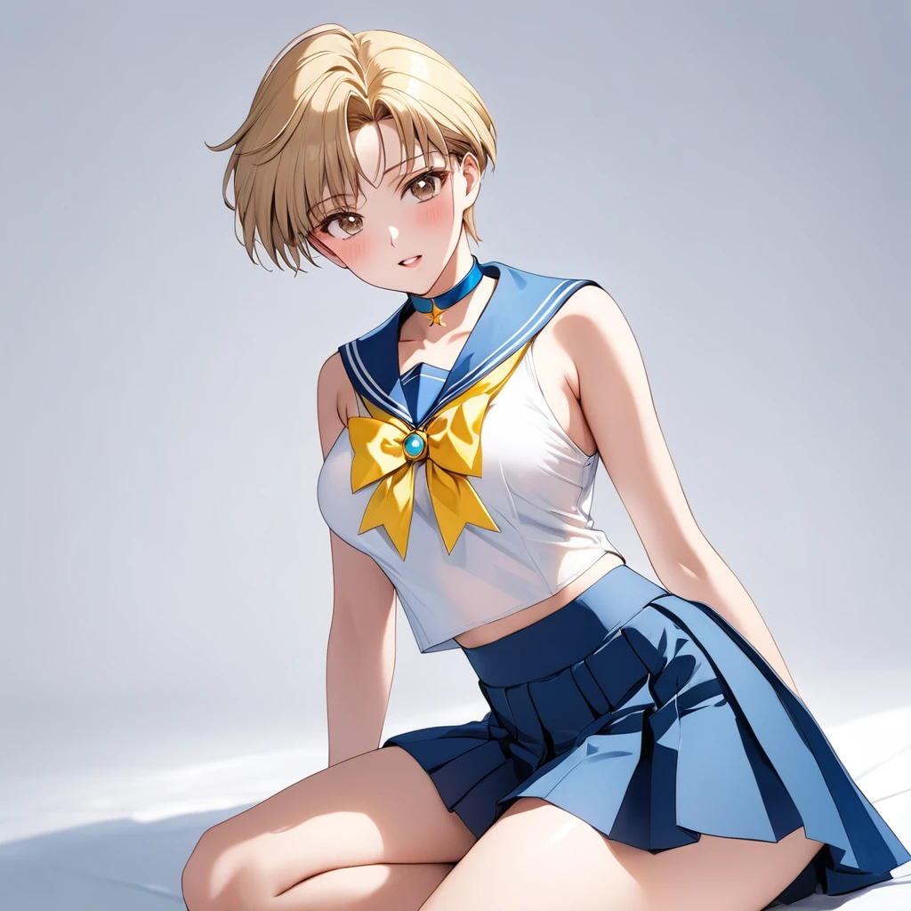 Best Quality, High resolution,16k,(Sailor uranus:1.5),(E-cup beautiful breasts)、 (tall:1.2),height: 175cm,Fashion model body type、clevage,Sexy long legs, pale blondy hair,very shortcut hair、boyish,brown eyes,  (sailor uranus costume,sleaveless white shirt,blue collar,yellow ribon on chest,blue skirt:1.5),Sweating all over the body、Muscular、1girl,solo,shy,blush,(vulgarity:1.2)、(Ahegao:1.3),Anime-style painting style,Close up on upper body,Cinematic lighting,Superfine,Seductively Posing,dynamic angle,extreme closeup shot,simple white background