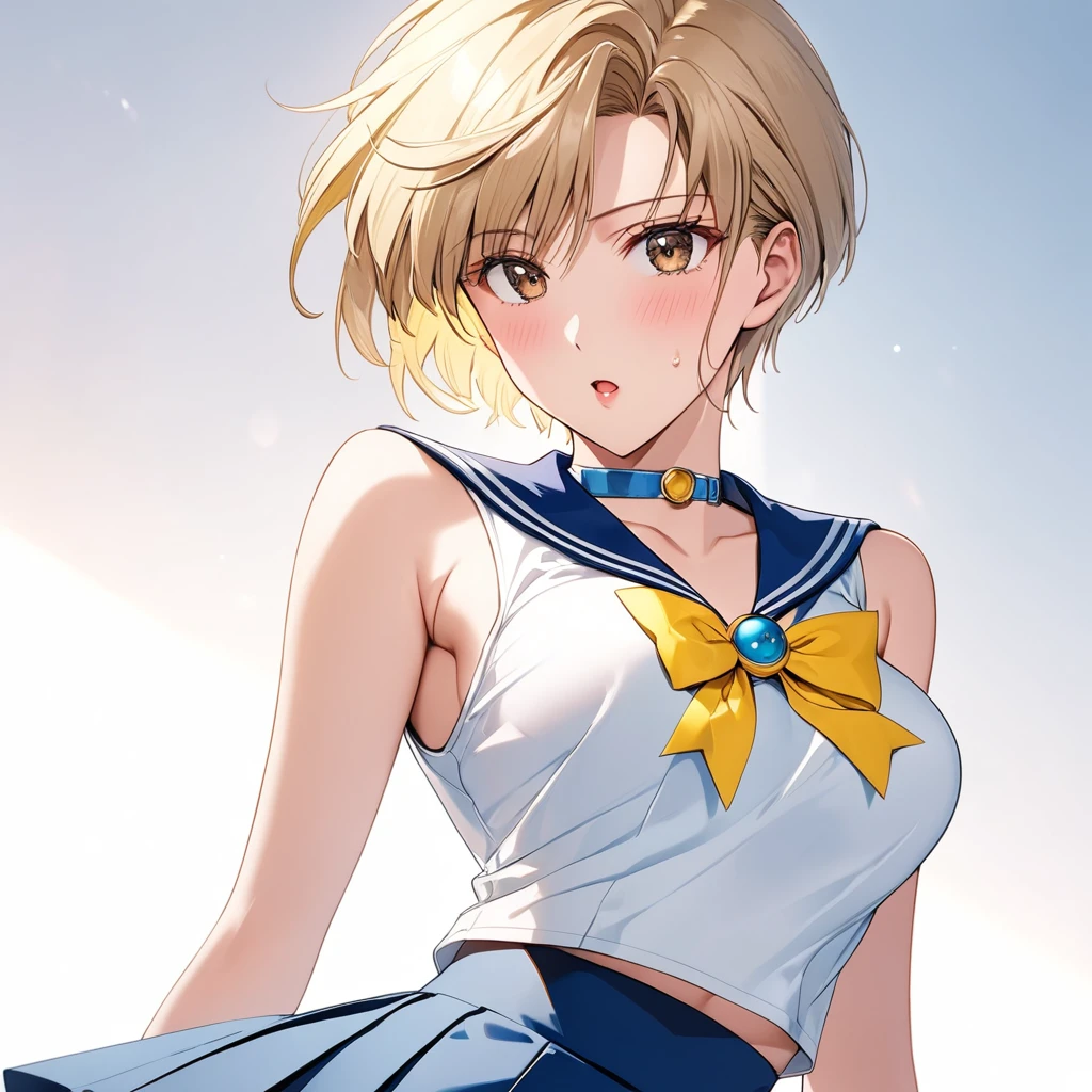 Best Quality, High resolution,16k,(Sailor uranus:1.5),(E-cup beautiful breasts)、 (tall:1.2),height: 175cm,Fashion model body type、clevage,Sexy long legs, pale blondy hair,very shortcut hair、boyish,brown eyes,  (sailor uranus costume,sleaveless white shirt,blue collar,yellow ribon on chest,blue skirt:1.5),Sweating all over the body、Muscular、1girl,solo,shy,blush,(vulgarity:1.2)、(Ahegao:1.3),Anime-style painting style,Close up on upper body,Cinematic lighting,Superfine,Seductively Posing,dynamic angle,extreme closeup shot,simple white background