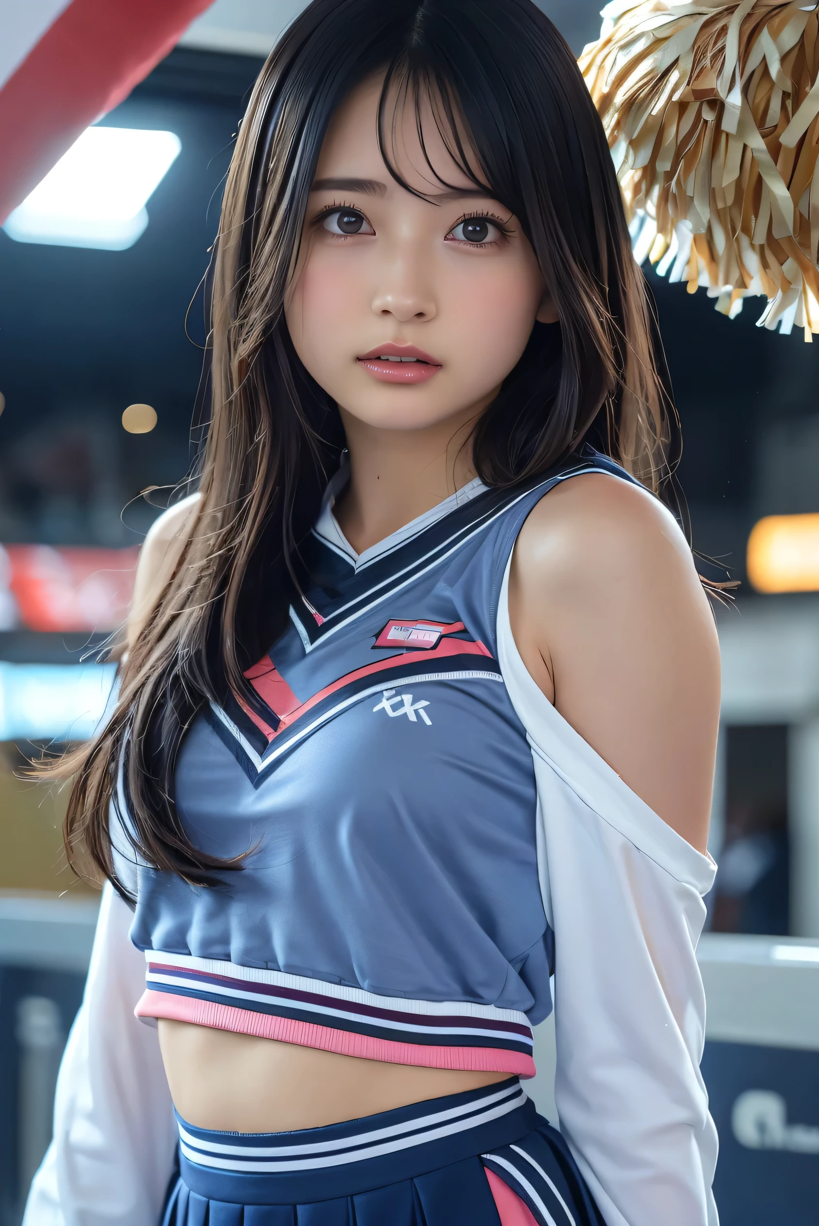 masterpiece, ultra high res, 8k, RAW photo, best quality, detailed shadow, amazing, finely detail, sharp focus, (bokeh:0.5), cowboy shot, (from before:1.2), (detailed and structured patterns:1.5), (Low Key Lighting:1.6), (acrobatic pose:1.5), (looking at viewer:1.2),lookung up, (walking:1.5), BREAK 1 girl, (large breasts:1), (brown medium long hair:1.4), (bangs:1.2), (skinny:1.2), ((dark blue)cheerleade:1.2), (((white)Skirt-style-cheerleade:1.3)), ((dark blue)bow:1.2), (she turns back:1.3), (wave hands:1.5), (embarrassed:1.5), (open mouth:1.5), (stadium:1.4)