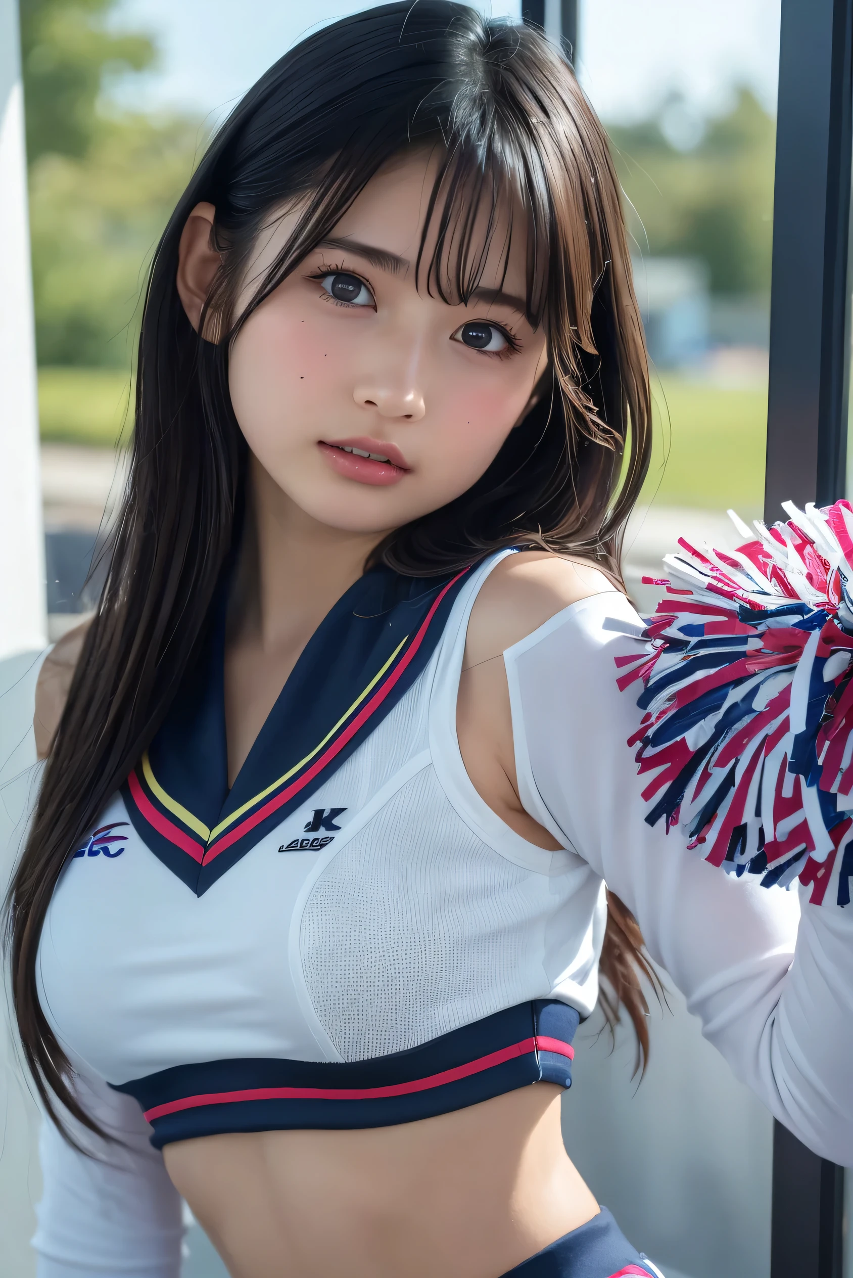 ((Best Quality, 8k, masterpiece: 1.3)), sharp: 1.2,  perfect body beauty : 1.4,  slim abs : 1.2, (whole body: 1.2), (Tight off-the-shoulder see-through), ( under bust: 1.1), ,((cheerleader uniform:1.3)),cute Japanese,cheerleader,((  upper body:1.3)),print {black|Pink|blue|Purple|Gray} panties, (Looking down at the camera)、