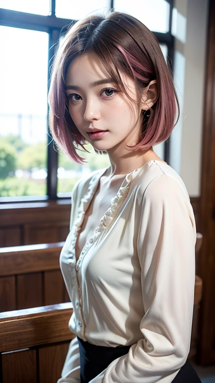 (masterpiece), (best quality), Ultra-high resolution, Raw photo, A photo-realistic, ((Looking outside by the window on a rainy day)), super cute woman, 1girl, (perfect face:1.2), (beautiful face:1.2), pale purple hair, short hair, (upper body:1.3), happy, light smile, looking out the window, pose, sheer turtleneck shirt, sleeveless shirt, indoors, morning time, intricate, depth of field, cinematic lighting,