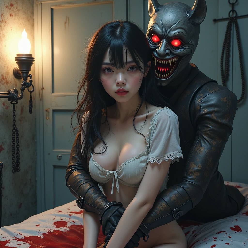 NSFW, The terrifying dangerous masculine monster is brutally grabbing 1 cute extremely beautiful  skinny girl, forced to sit on monster lap. The young girl is wearing a short white sheath dress, she's laying unconscious. Closed eyes and open mouth. small butt, small breast. The Monster inserted its hand between her inner thighs under her skirt. One only girl.