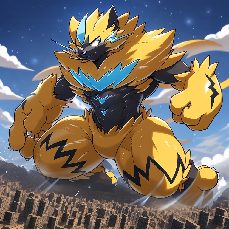 author: Takemoto Arashi, (1 boy), One, Zeraora,  Men, second test, big body, pectoralis major muscles, big bodyсложение,  Beautiful, sexual, Attractive guy, (detailed  глаза), brows, teeth, (masterpiece, High resolution, high quality), 4K, Beautiful shadow, pectoral muscles, nipples, pants, macro in a miniscule city