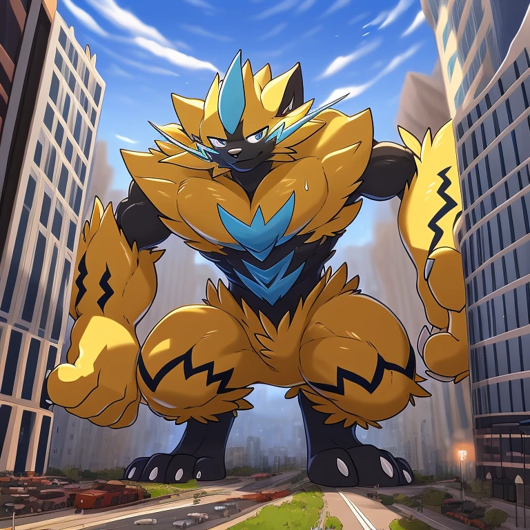 author: Takemoto Arashi, (1 boy), One, Zeraora,  Men, second test, big body, pectoralis major muscles, big bodyсложение,  Beautiful, sexual, Attractive guy, (detailed  глаза), brows, teeth, (masterpiece, High resolution, high quality), 4K, Beautiful shadow, pectoral muscles, nipples, pants, macro in a miniscule city