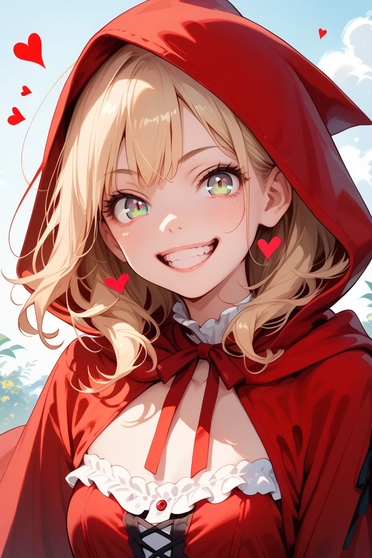 score_9,score_8_up,score_7_up,score_6_up,score_5_up,score_4_up, 1girl,solo,,bulleta,blonde hair,
little red riding hood (grimm) (cosplay),red dress,red hood, evil, crazy smile, looking at viewer, upper body,heart