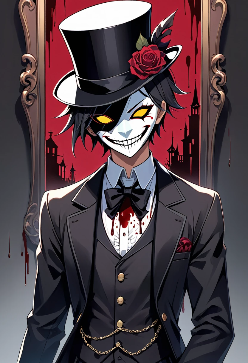 anime male slasher wearinscary anime male wearing a smile mask, suit, and top hat, sniper mask from high rise invasion vibes, cool, intimidating, slasher vibes, blood on mask, cool, Victorian, goth, light novel character art, anime creepy smile mask