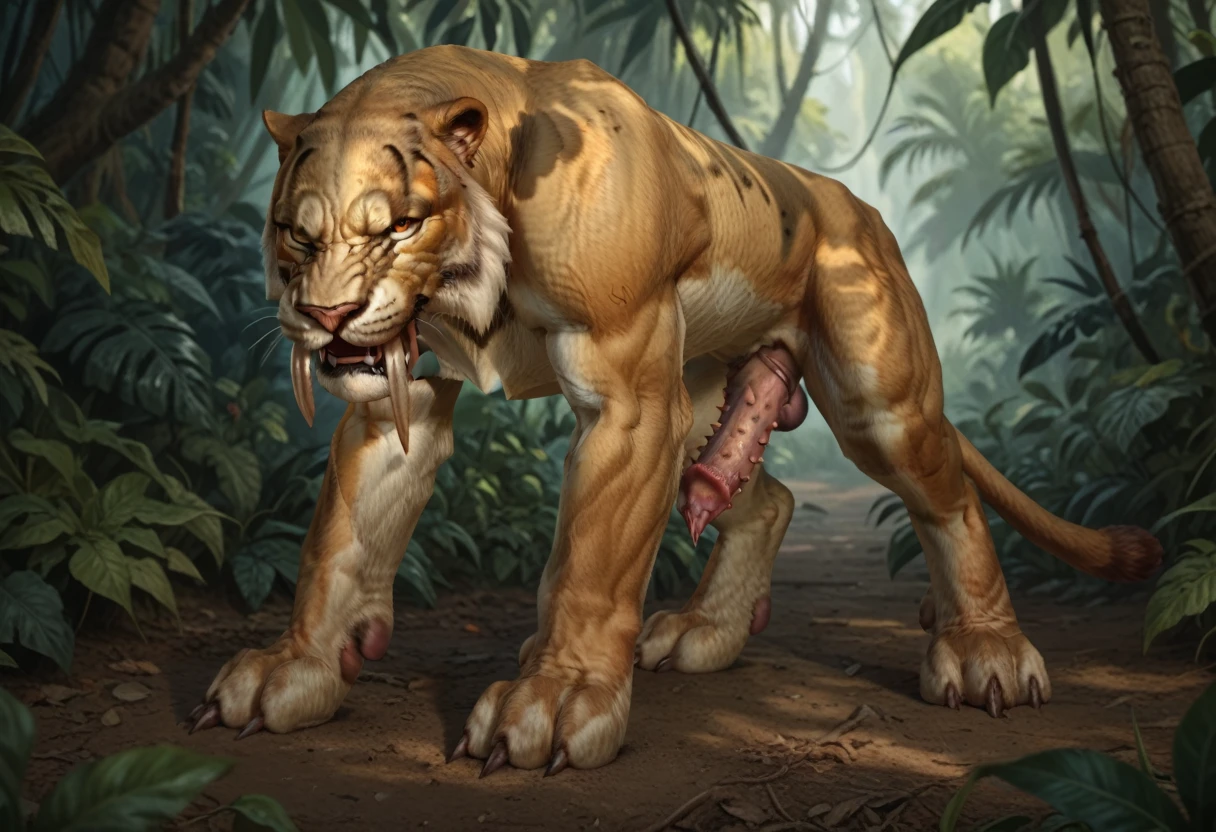 (feral saberon, sabertooth, lion, short mane, long fangs, barbed feline penis) in a deserted jungle