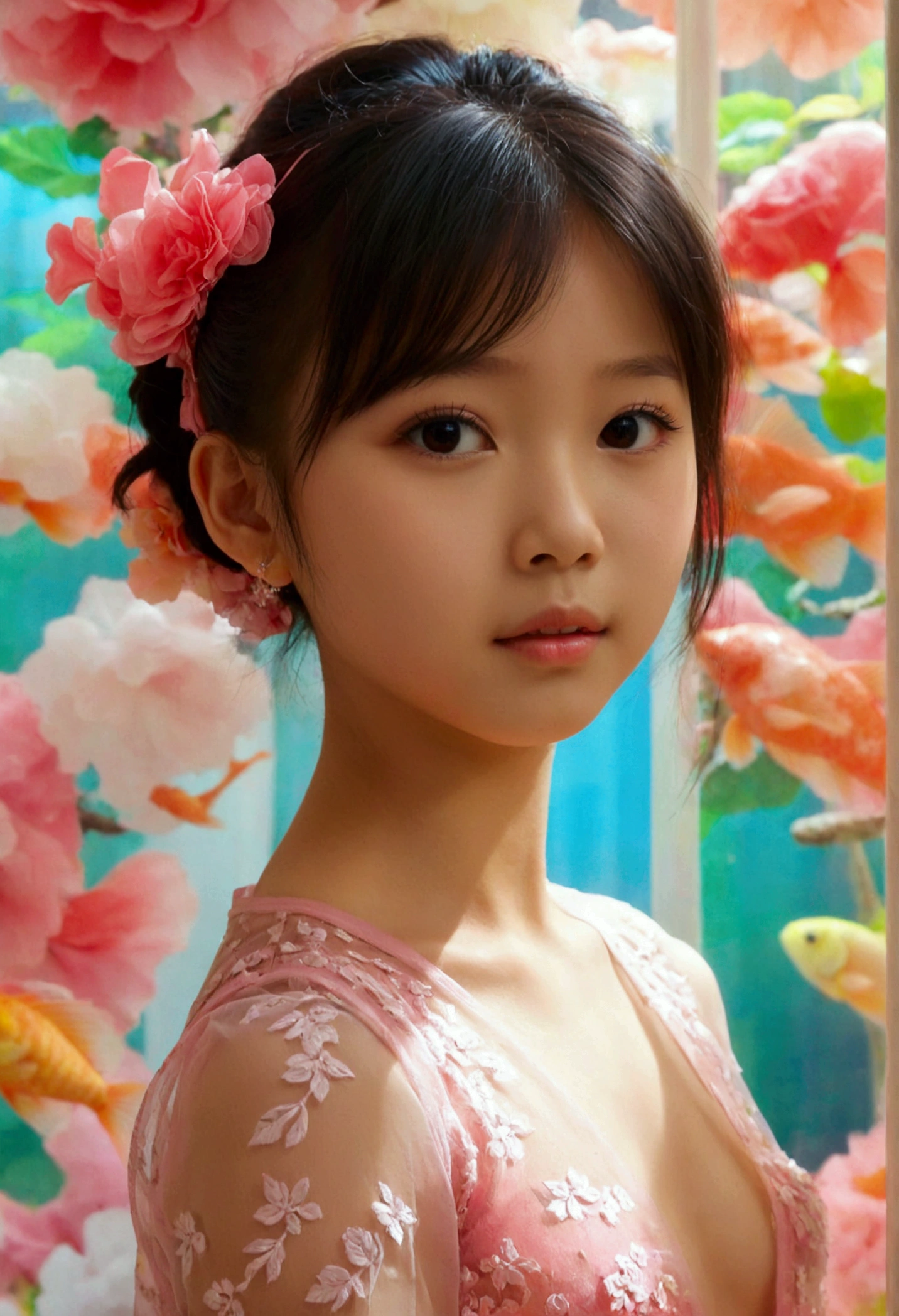 Masterpiece, UHD, 8K, most beautiful asian girl in the world, cute girl, age 9, small-budding breast, pale skin, juvpretty-girl physique, elementary_school-girl physique, charming girl, One-piece style sheer fabric dress, sheer fabric, translucent clothes, standing, from the front, act very pretty