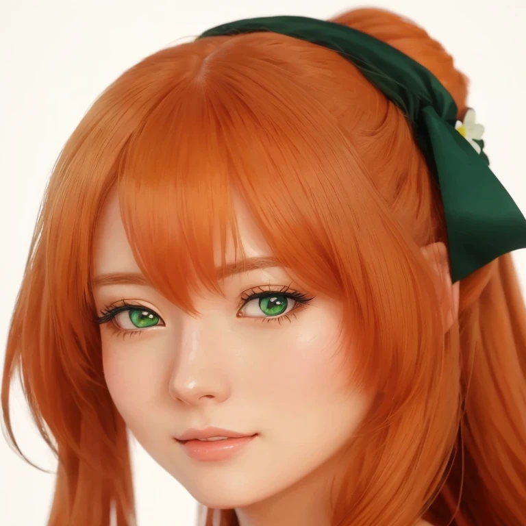  a close up of a woman with a green ribbon on her head, portrait of asuka langley soryu, anime girl in real life, hyperrealistic anime , asuka langley soryu, Asuka Langley,  beautiful Springfield portrait (girlsfrontline ),  realistic kawaii portrait , Asuka Langley Sohryu, Photorealistic anime,  has long orange-brown hair , realistic young anime girl,  with no flowers on the ribbon and hair 