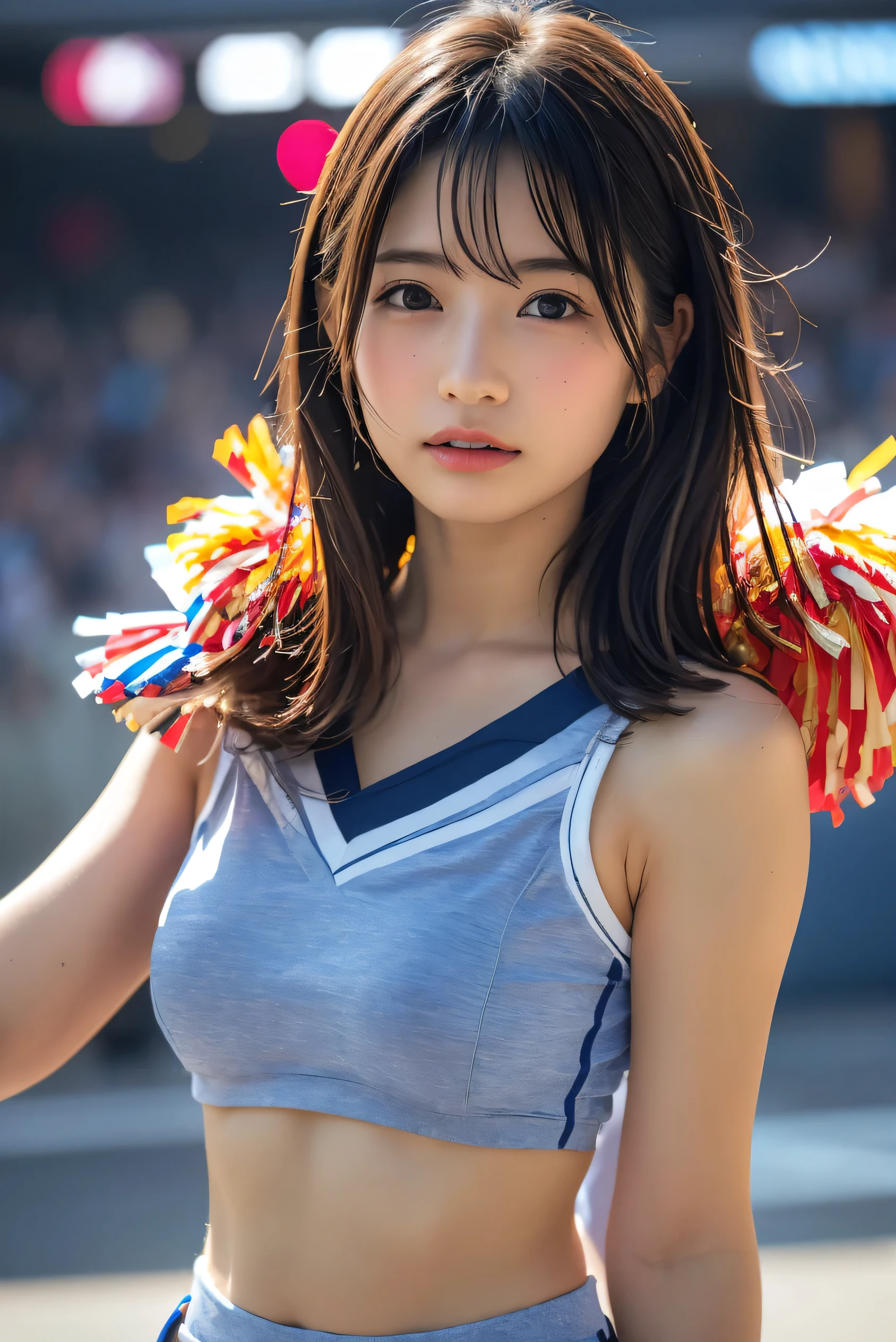 8K,best qualtiy、ultra-detailliert、masterpiece、realisitic、Photo Real、(16-year-old woman),(((cheer girl))),((((Grab the skirt with both hands、Show me the crotch of my panties))))、((red blush、embarassed expression、watching at viewers))、(Half body shot)、(Behind the school building)、(((Angle from directly below、Focus on the crotch、Background blur)))、((small tits、Very skinny body、very thin thighs、very slender legs))、