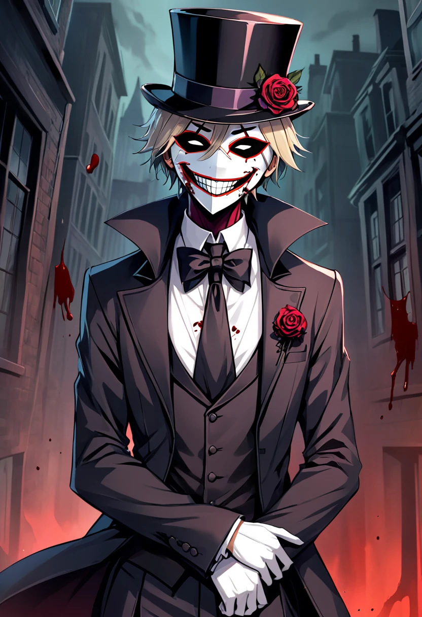 scary anime male wearing a smile mask, suit, and top hat, sniper mask from high rise invasion vibes, cool, intimidating, slasher vibes, blood on mask, cool, Victorian, goth, light novel character art, simple smile face mask, slasher horror vibes