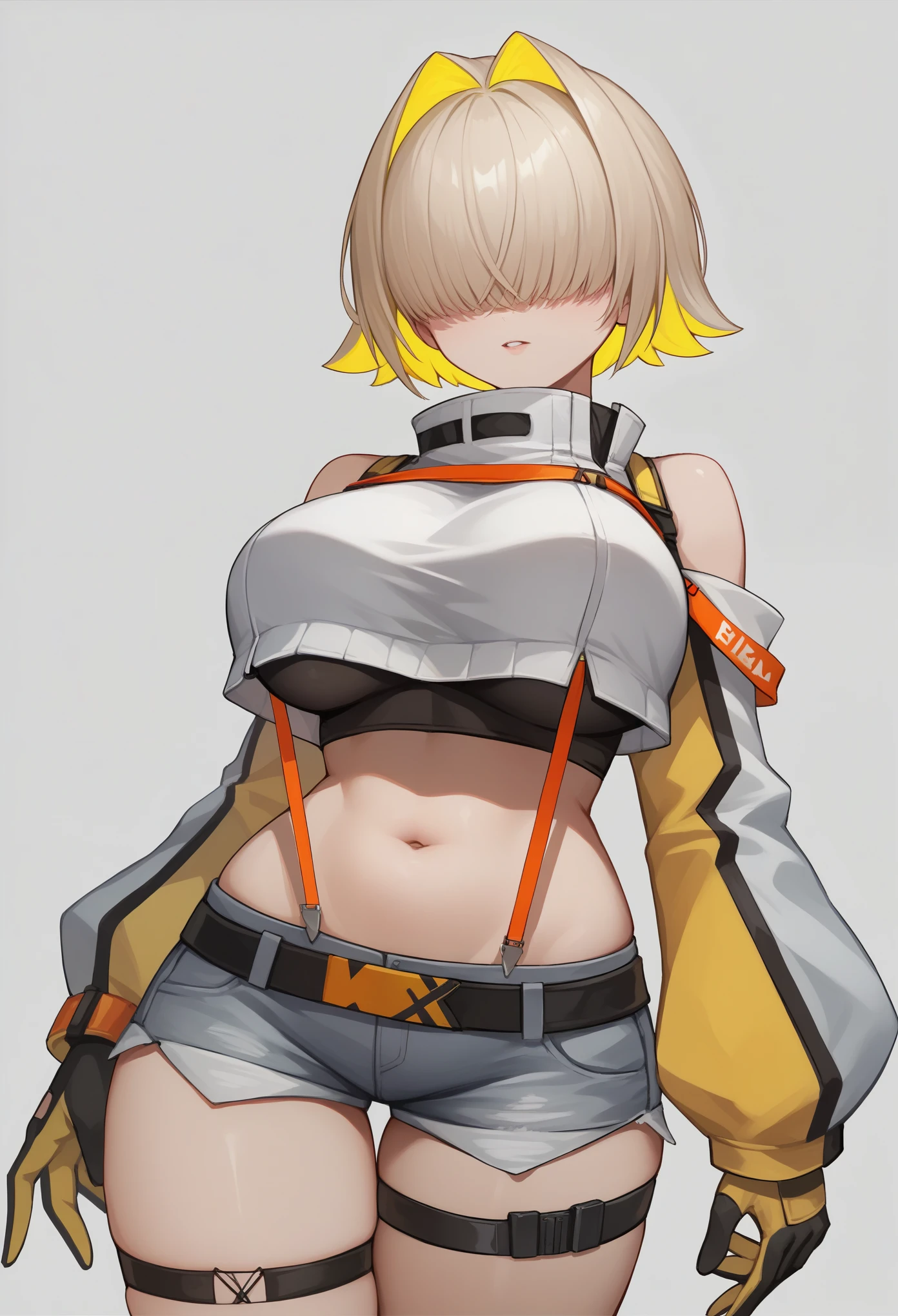 score_9, score_8_up, score_7_up, source_anime BREAK 1girl, solo, elegg, short hair, bangs, hair intakes, multicolored hair, hair over eyes, crop top, bare shoulders, suspenders, midriff, navel, short shorts, thigh strap, gloves, large breasts