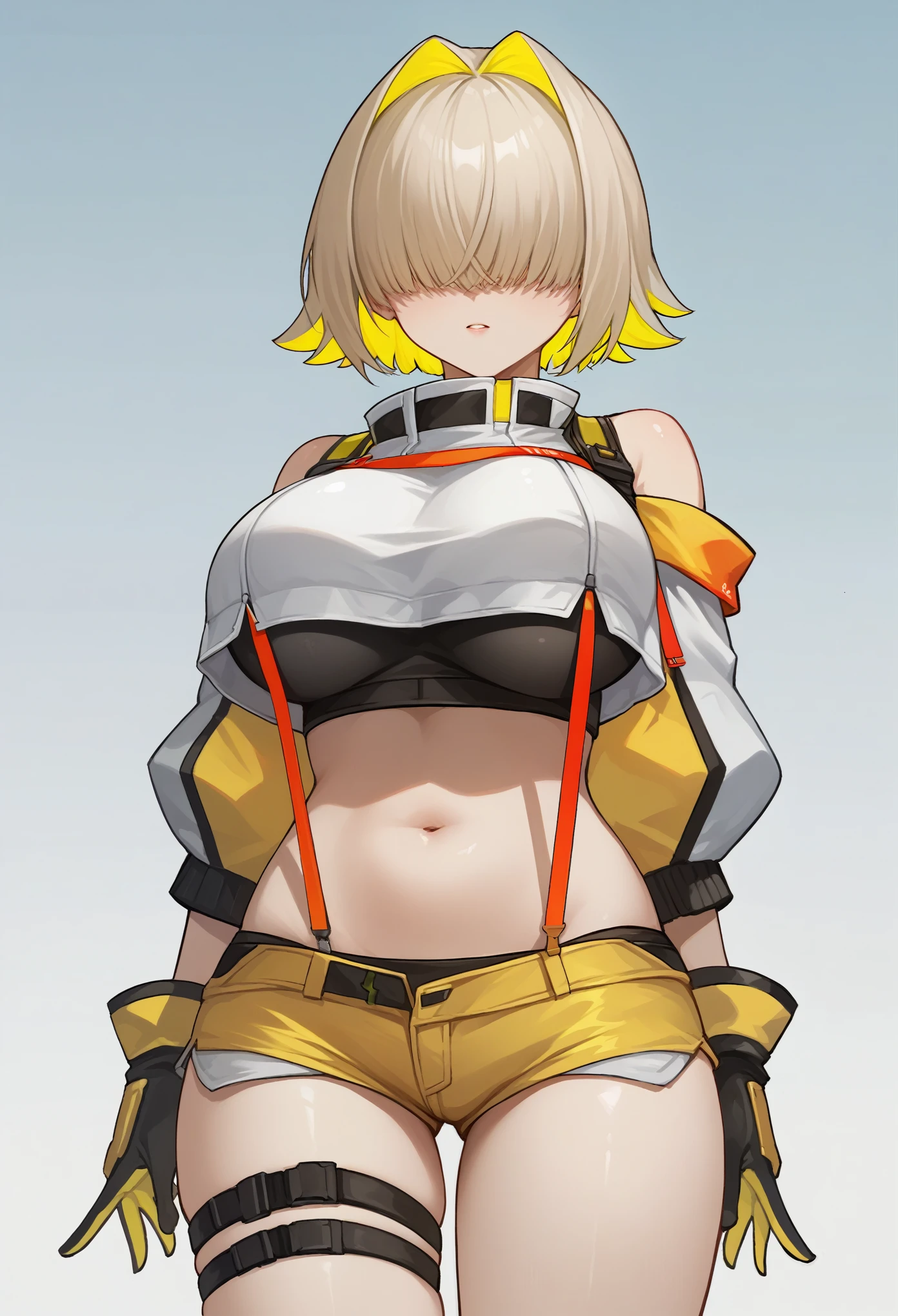 score_9, score_8_up, score_7_up, source_anime BREAK 1girl, solo, elegg, short hair, bangs, hair intakes, multicolored hair, hair over eyes, crop top, bare shoulders, suspenders, midriff, navel, short shorts, thigh strap, gloves, large breasts