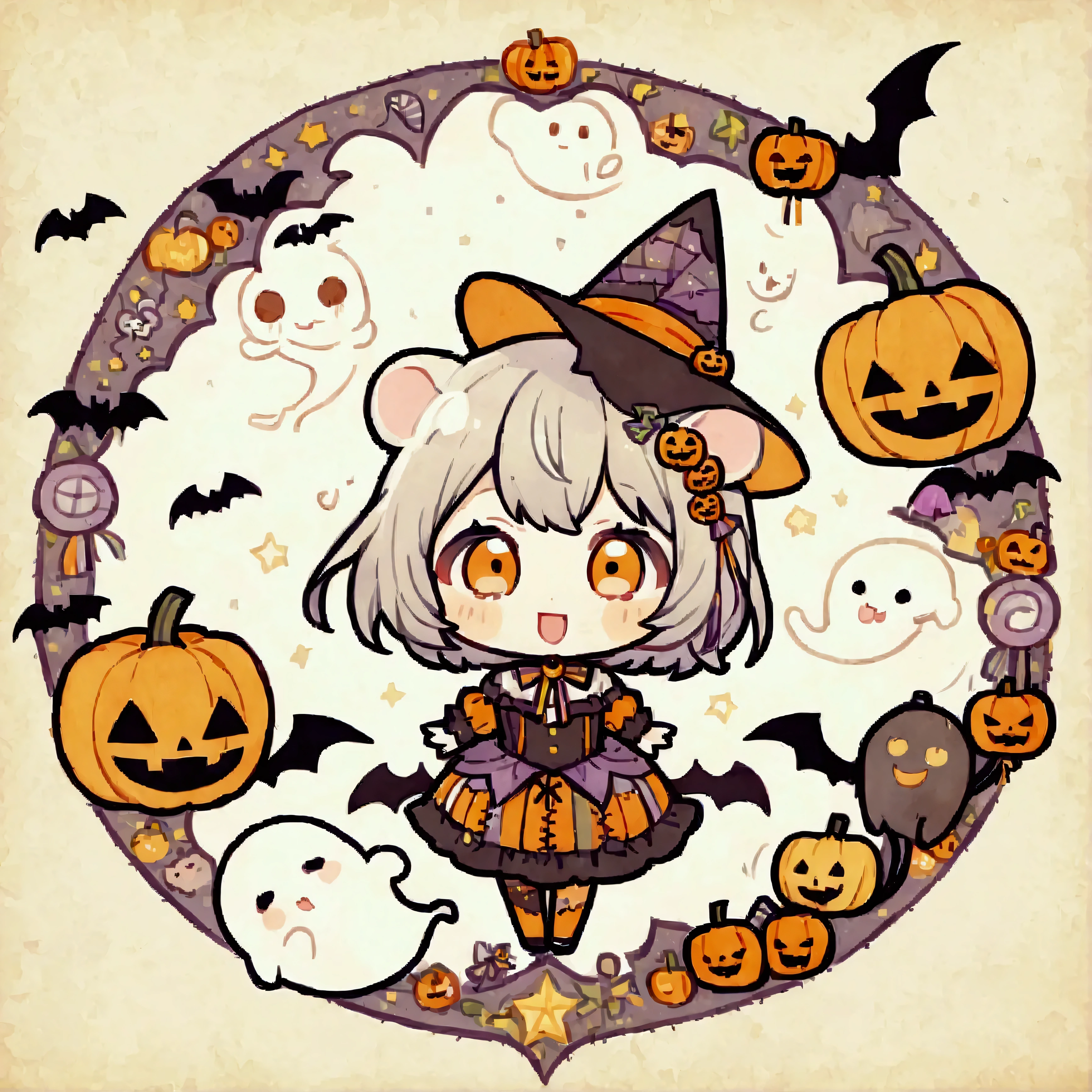 handicraft artwork,patchwork,cloth,button,Felt fabric,Embroidery thread,Handicrafts with a warm and gentle atmosphere,(Halloween,A girl dressed up as a hamster laughs,fine,Chibi, full body, pumpkin,ghost silhouette,Bats),A dream-like sight,rustic colors,intricate details,artwork,Three-dimensional