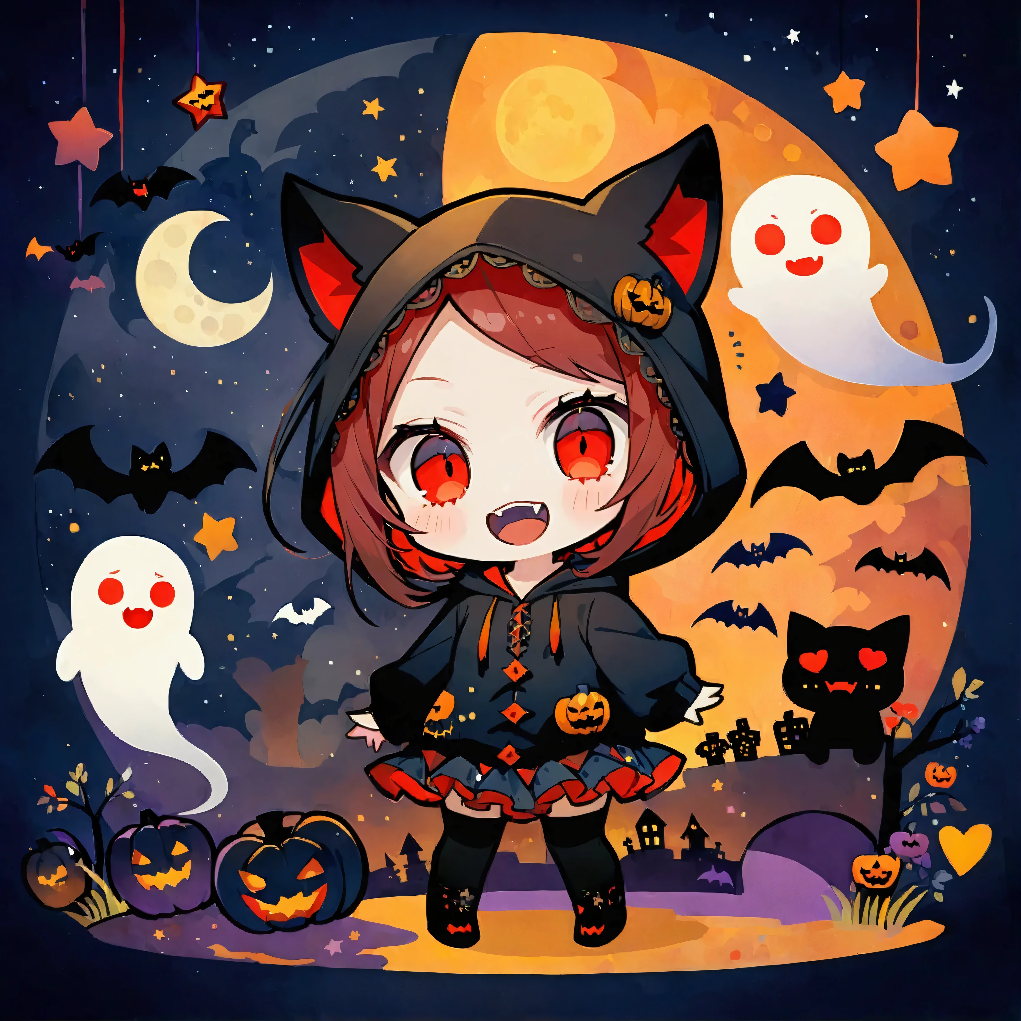 handicraft artwork,patchwork,cloth,button,Felt fabric,Embroidery thread,Handicrafts with a warm and gentle atmosphere,(Halloween,A vampire girl wearing a hooded hoodie with black cat ears laughs,Double teeth:Show your fangs,Red eyes,Chibi, full body,ghost silhouette,Bats,Night Sky,star,moon),A dream-like sight,rustic colors,intricate details,artwork,Three-dimensional