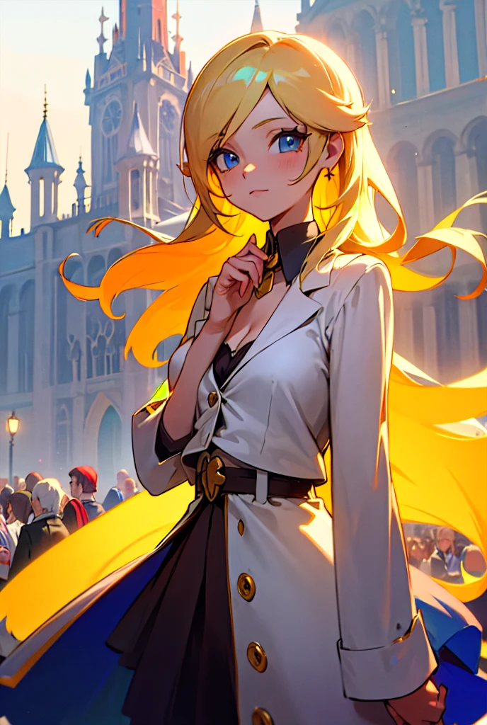 A vibrant anime girl embodying the essence of Belgium, with flowing blonde hair styled in a playful manner, wearing a stylish outfit inspired by the Belgian flag. She stands in a picturesque cobblestone street lined with charming cafes and colorful buildings, holding a waffle in one hand and a small chocolate box in the other. Her eyes sparkle with warmth and curiosity, and a gentle breeze rustles her clothes. The background features iconic Belgian landmarks like the Atomium and the Grand Place, with a soft sunset casting a golden hue over the scene, cleavage, big breast, rosalina