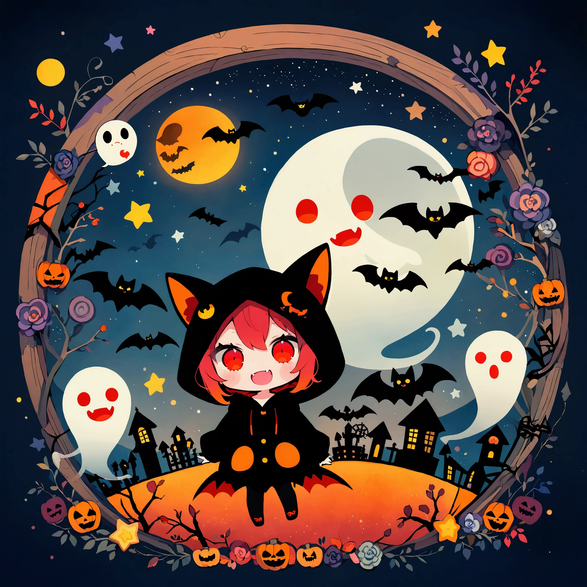 handicraft artwork,patchwork,cloth,button,Felt fabric,Embroidery thread,Handicrafts with a warm and gentle atmosphere,(Halloween,A vampire girl wearing a hooded hoodie with black cat ears laughs,Double teeth:Show your fangs,Red eyes,Chibi, full body,ghost silhouette,Bats,Night Sky,star,moon),A dream-like sight,rustic colors,intricate details,artwork,Three-dimensional