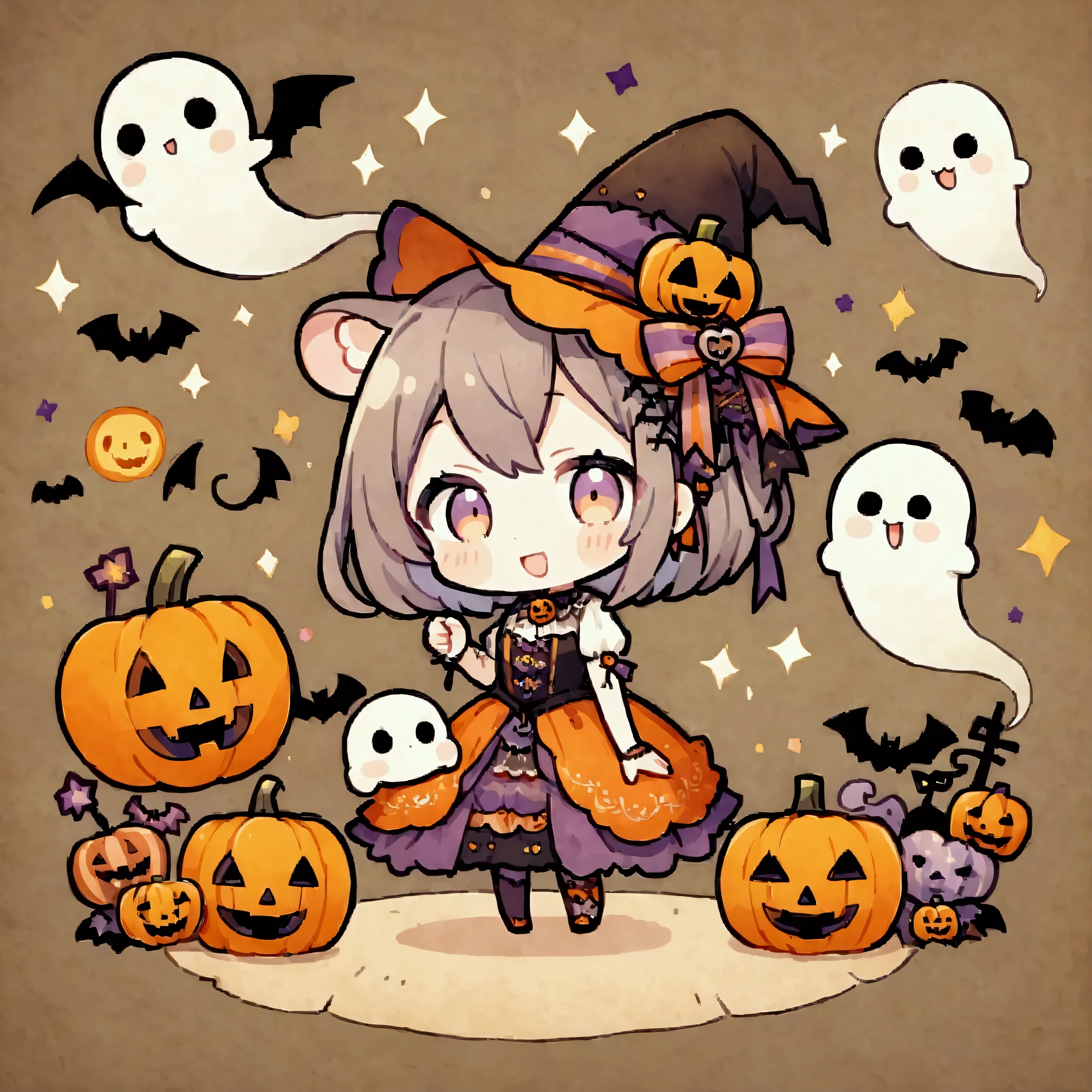 handicraft artwork,patchwork,cloth,button,Felt fabric,Embroidery thread,Handicrafts with a warm and gentle atmosphere,(Halloween,A girl dressed up as a hamster laughs,solo,Chibi, full body, pumpkin,ghost silhouette,Bats),A dream-like sight,rustic colors,intricate details,artwork,Three-dimensional