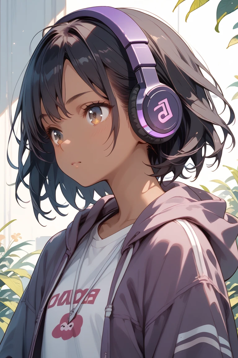 score_9, score_8_up, score_7_up, Brown skin anime girl with purple clothes black hair and purple headphones 
