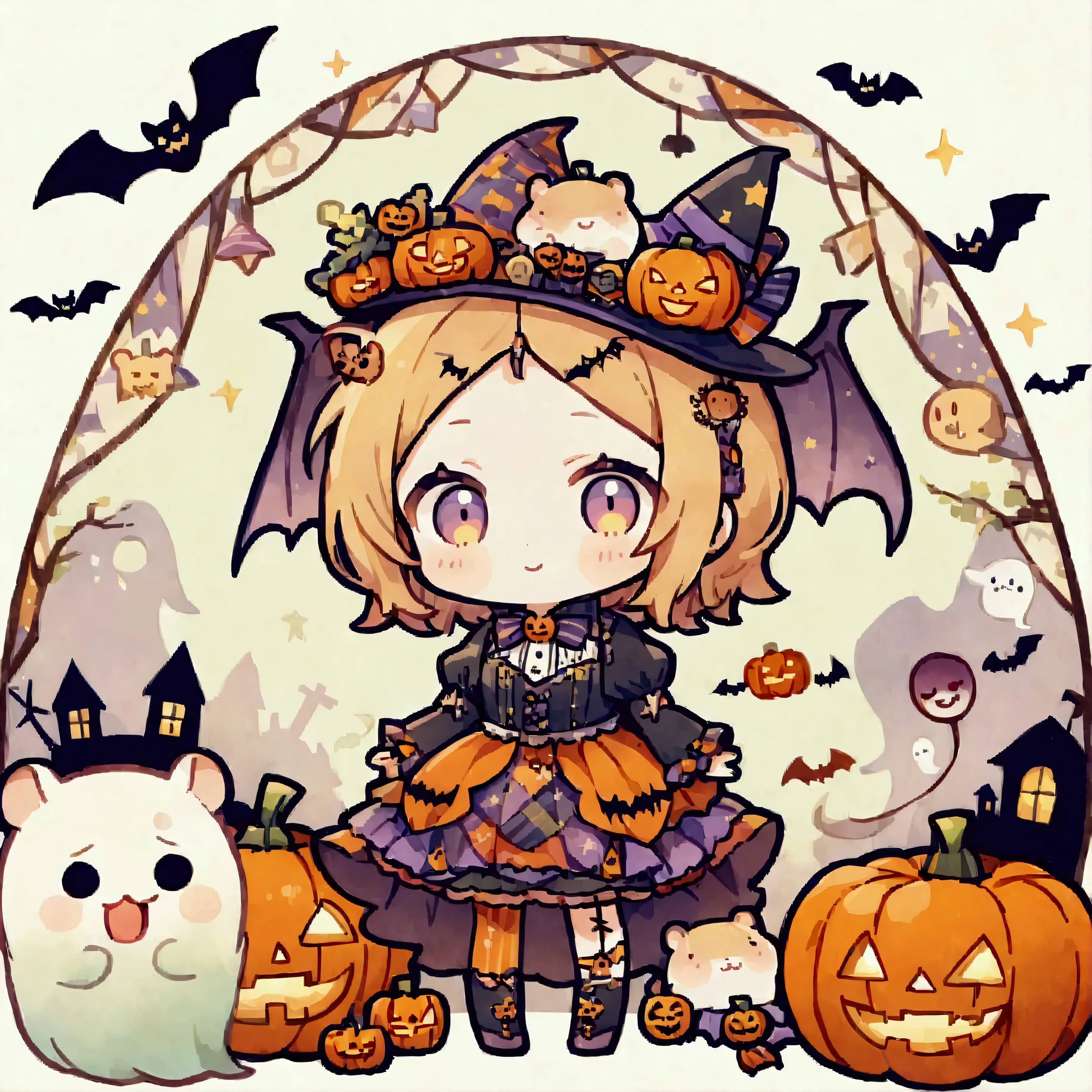 handicraft artwork,patchwork,cloth,button,Felt fabric,Embroidery thread,Handicrafts with a warm and gentle atmosphere,(Halloween,A girl dressed up as a hamster laughs,solo,Chibi, full body, pumpkin,ghost silhouette,Bats),A dream-like sight,rustic colors,intricate details,artwork,Three-dimensional