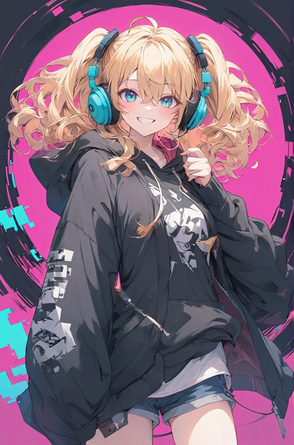  one girl playing pranks,  blond hair, curly hair,  long bangs , Black oversized cardigan with 1 blade on the side , Headphones,   Hair Between Your Eyes, tooth, smile,  hooded,  shorts,  from the front, (Portfolio),   colorful background, (Glitch Art: 1.3),  super quality,  spane details ,  Highly Detailed Backgrounds,